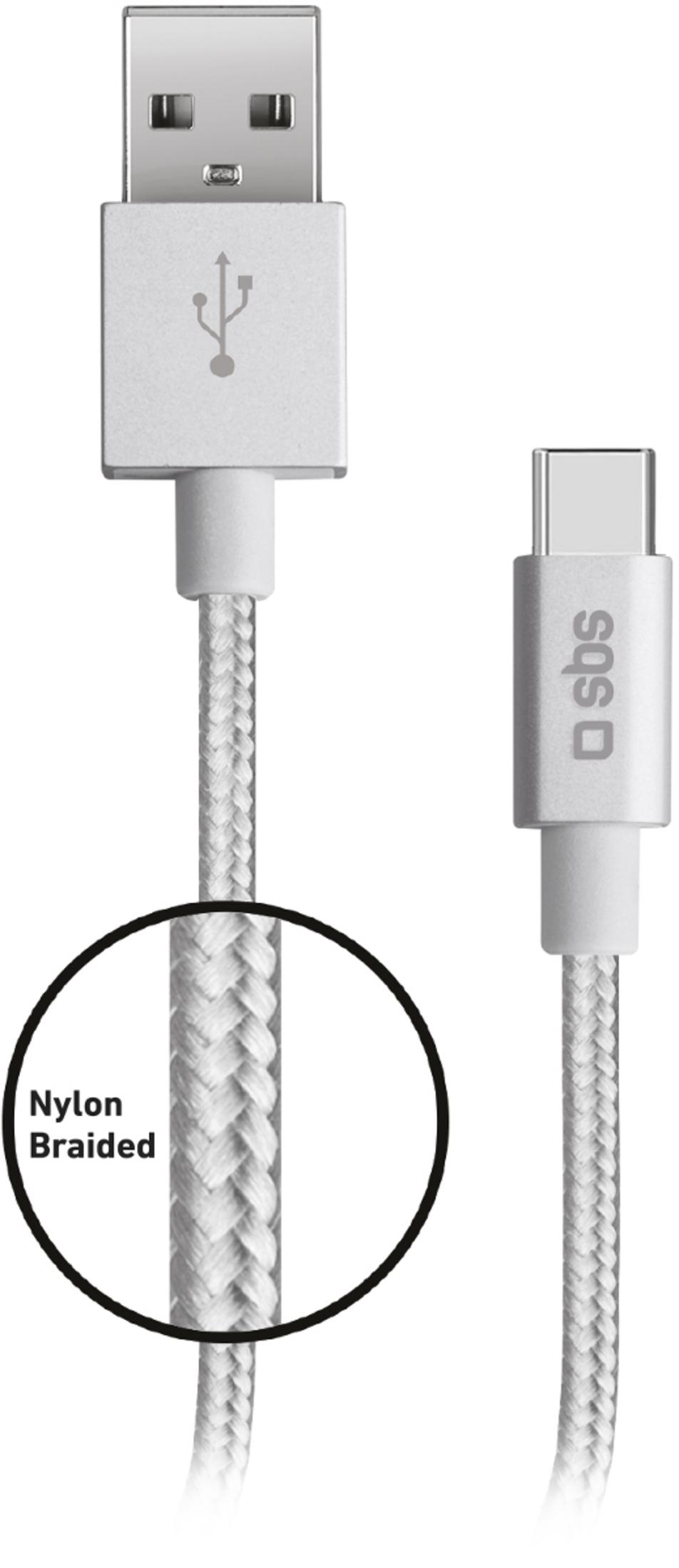 Un cable USB-A a USB-C blanco con cubierta de nylon trenzado.