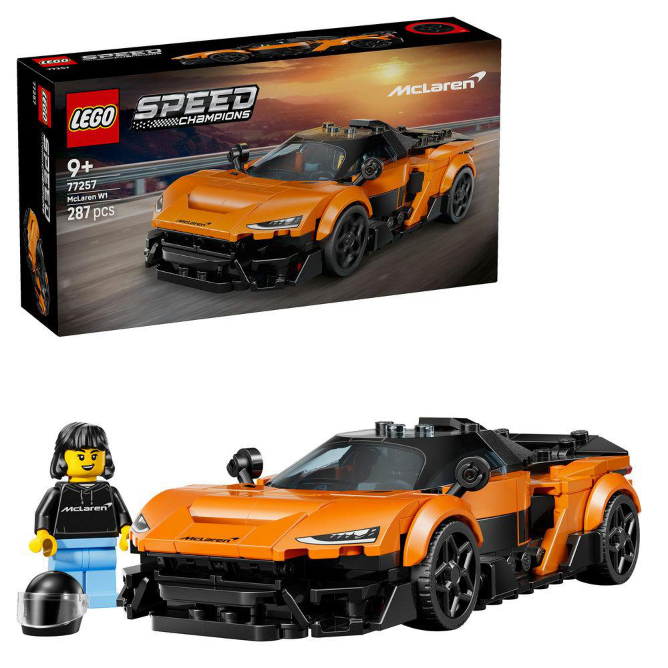 LEGO McLaren W1 seti, minfigür ve kasklı. Turuncu ve siyah araba.