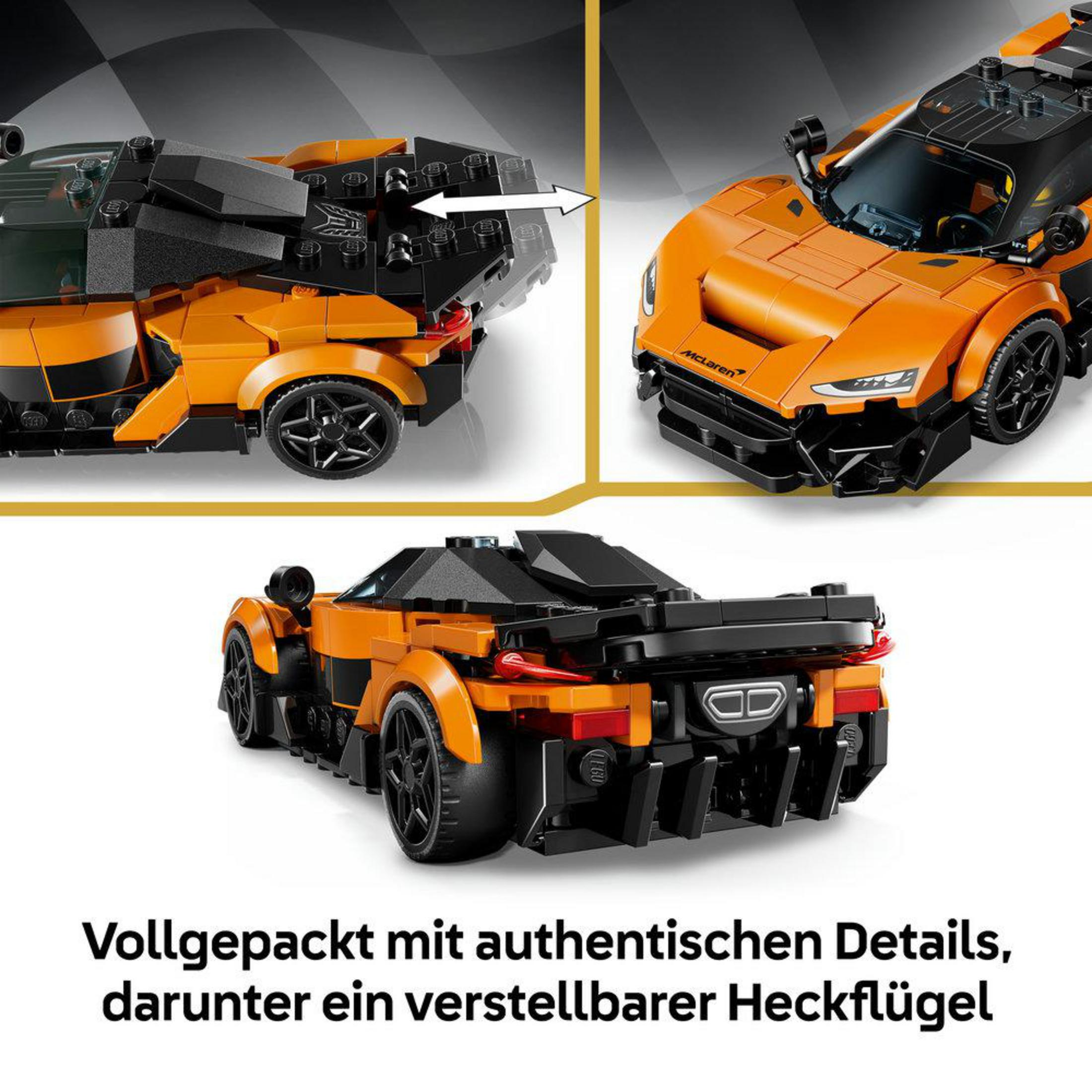 Ayarlanabilir arka kanatlı ve detaylı önlü turuncu Lego McLaren araba.
