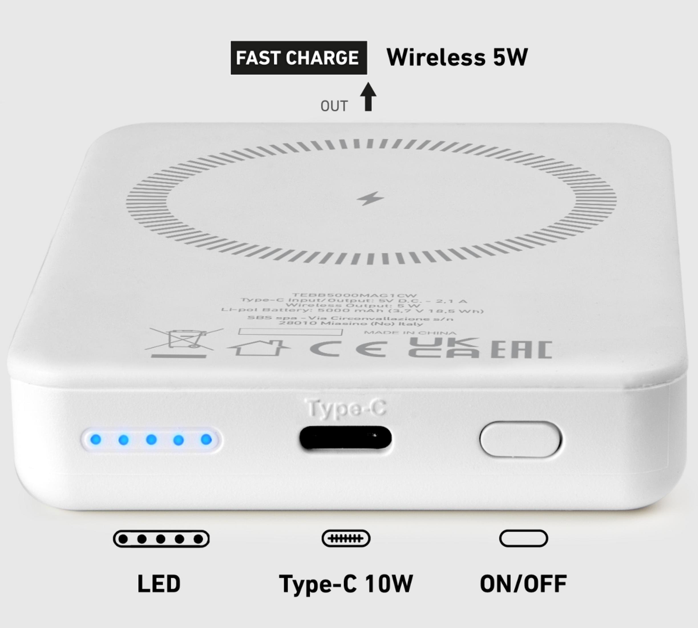 Un caricabatterie wireless bianco con indicatori LED, porta Type-C e pulsante ON/OFF.