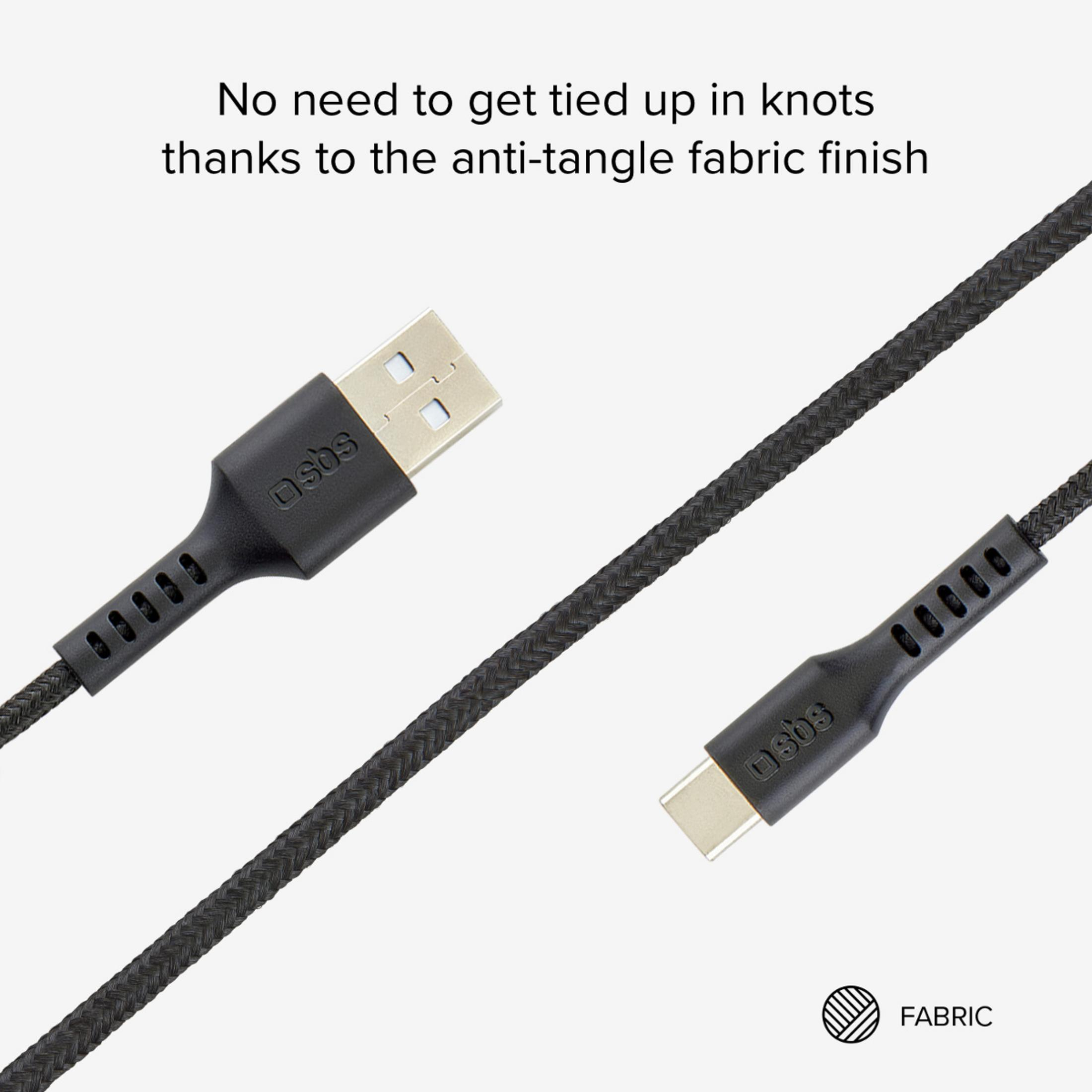 Schwarzes USB-Kabel mit Stoffummantelung und USB-A-zu-USB-C-Anschlüssen.