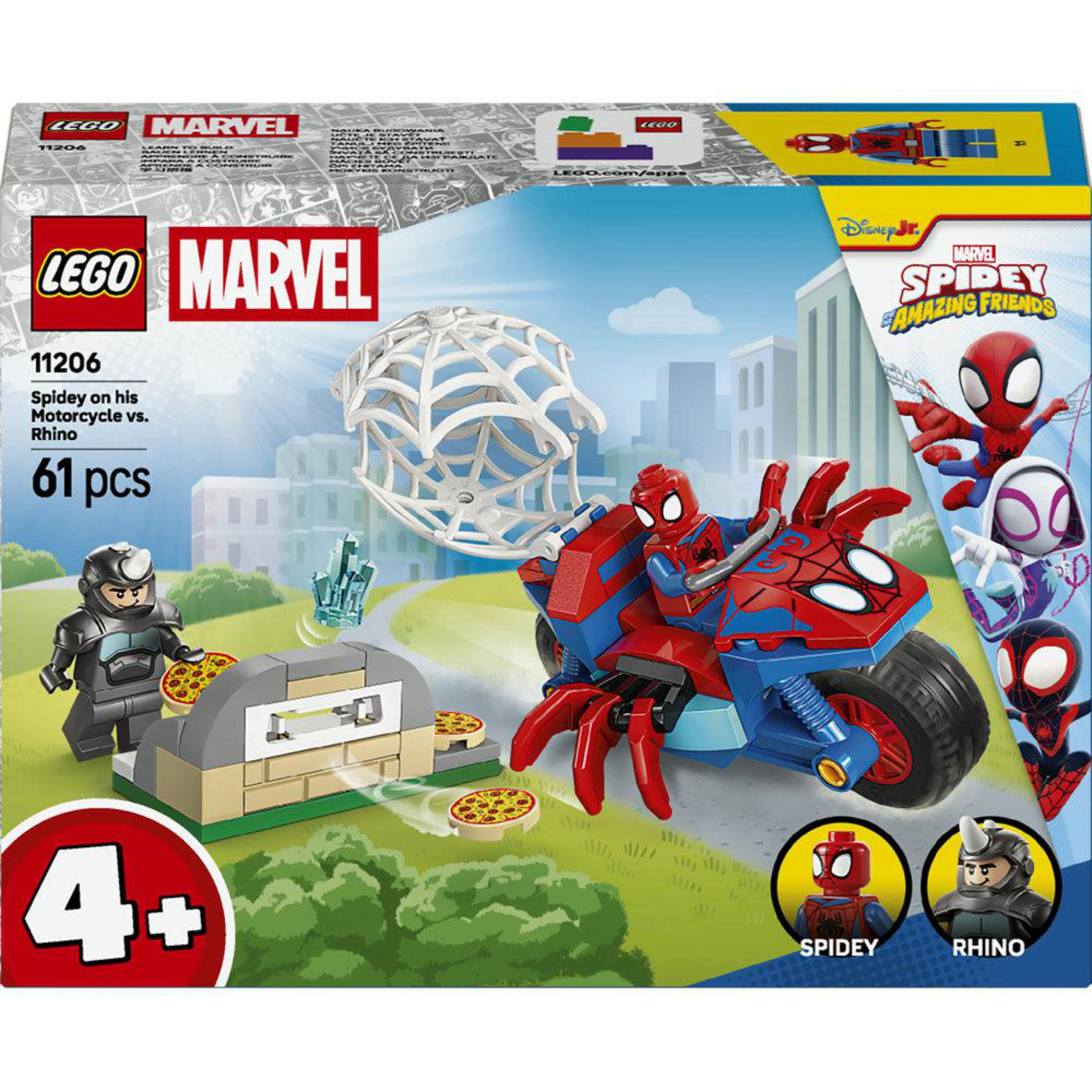 LEGO Spidey motosikletinde, ağ ve pizzalarla Rhino'ya karşı.