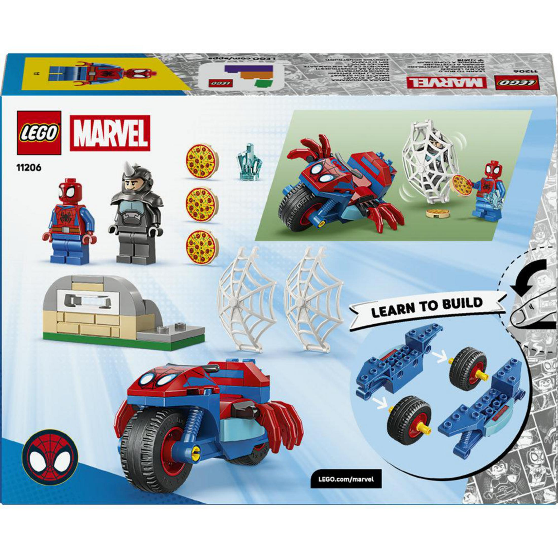 Spidey'nin harika üç tekerlekli aracı, figürleri ve aksesuarları içeren LEGO Marvel seti.
