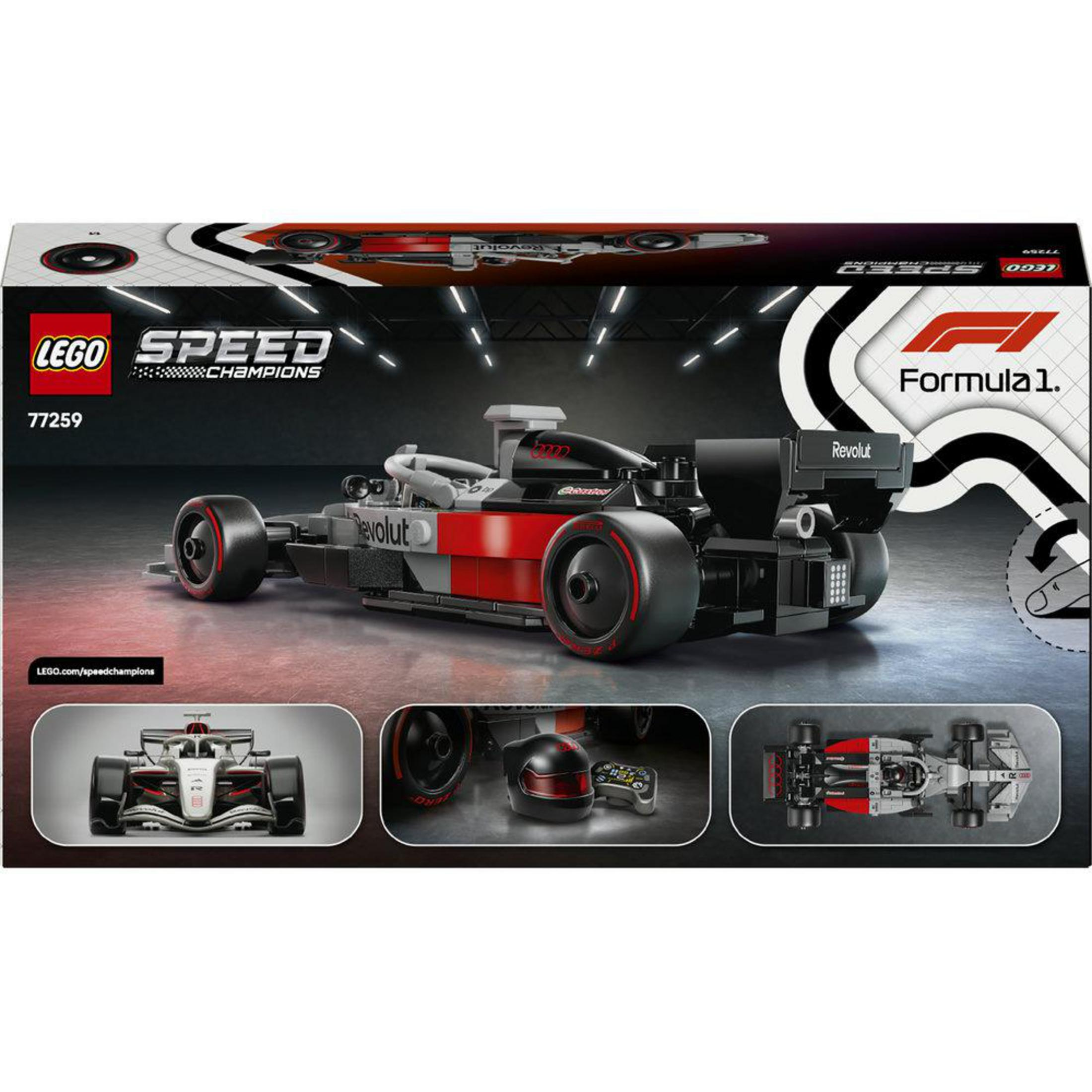 Caja de coche Lego Speed Champions Fórmula 1 con coche, casco, mando y vista superior.