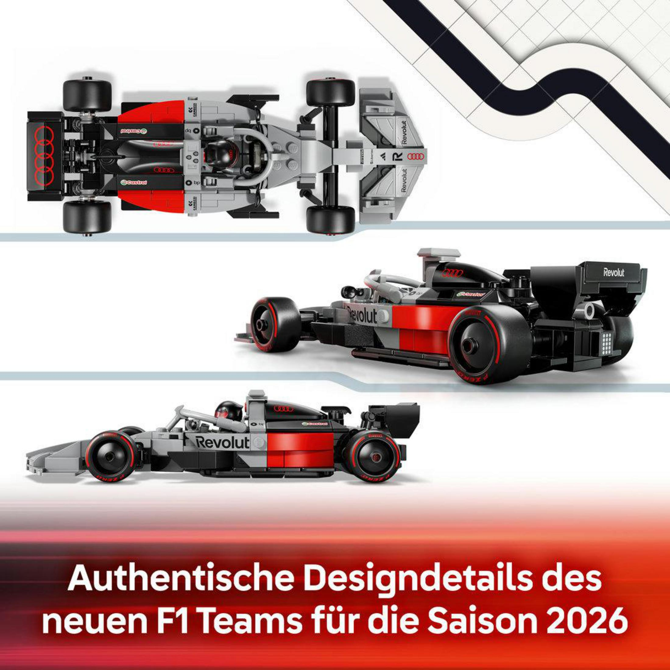Tres coches de Fórmula 1 de Lego en gris, rojo y negro con logos de patrocinadores.