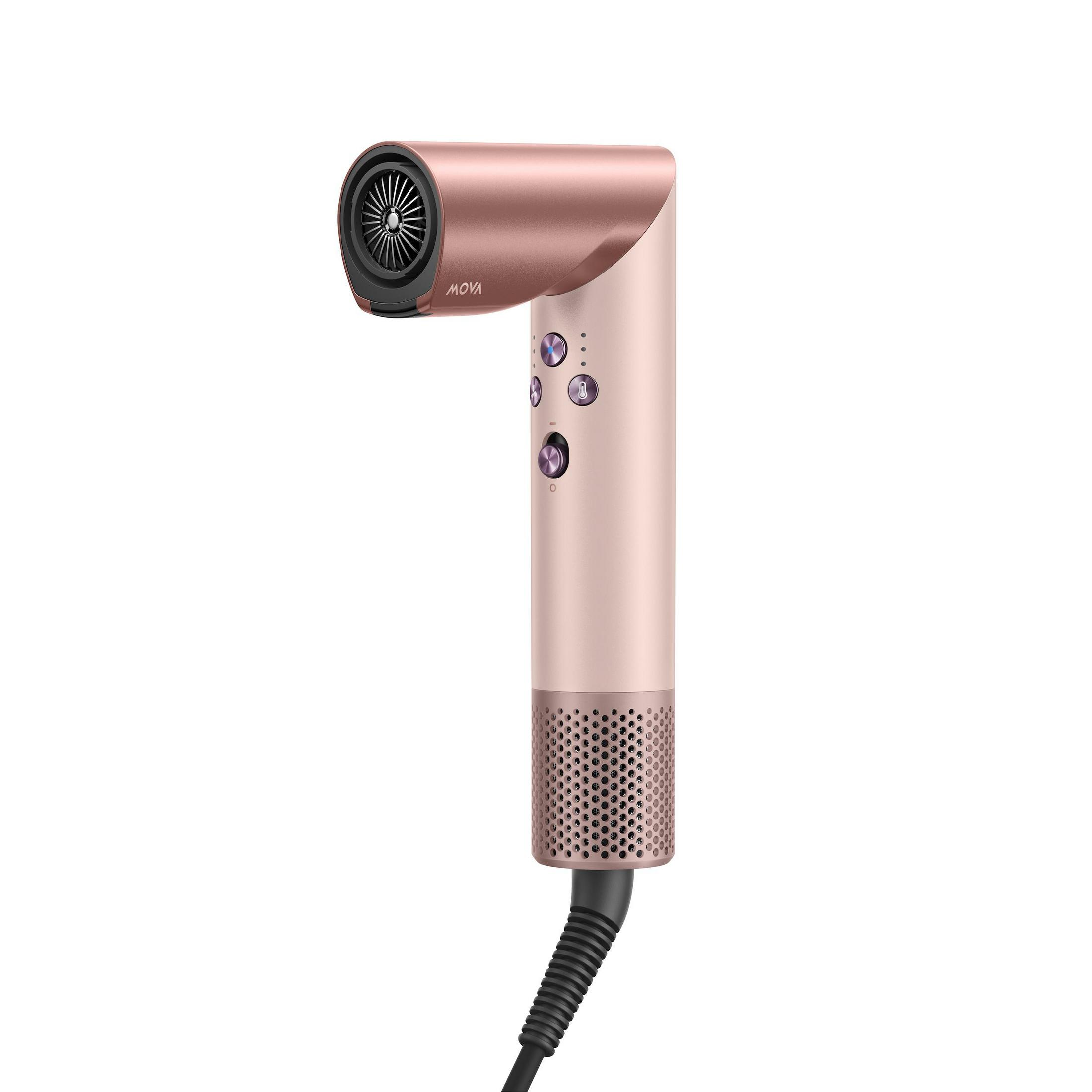 Un secador de pelo rosa dorado con detalles y controles negros.