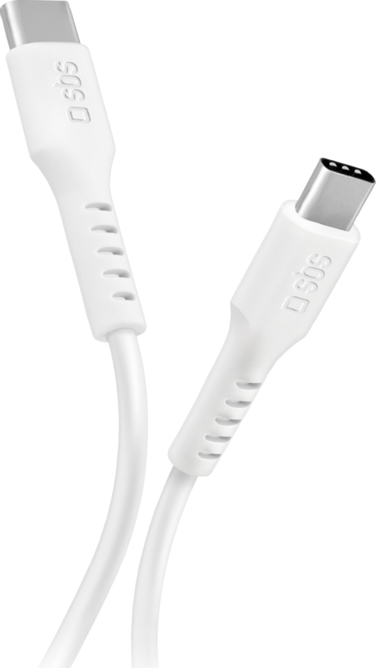 Zwei weiße USB-C-Kabel mit silbernen Steckern sind auf weißem Hintergrund.