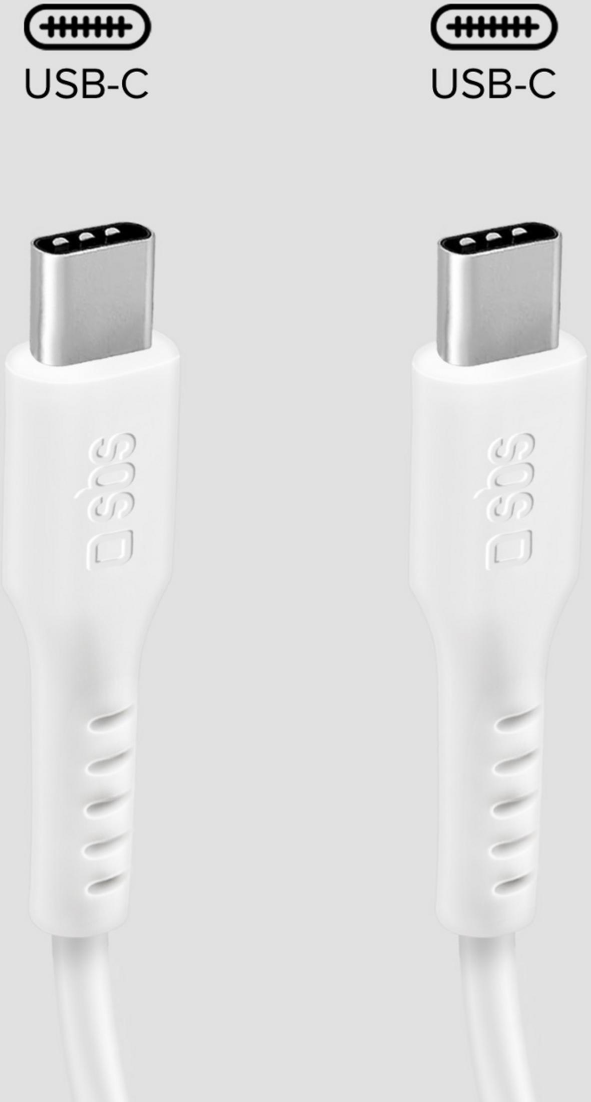 Zwei weiße USB-C-Kabel mit silbernen Anschlüssen auf grauem Hintergrund.