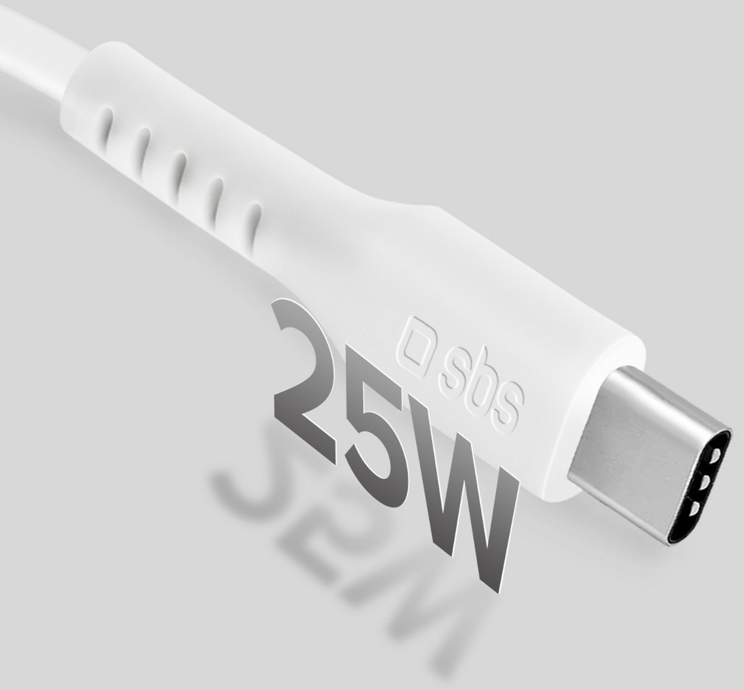 Weißes USB-C-Kabel mit 25W-Aufdruck und SBS-Logo.