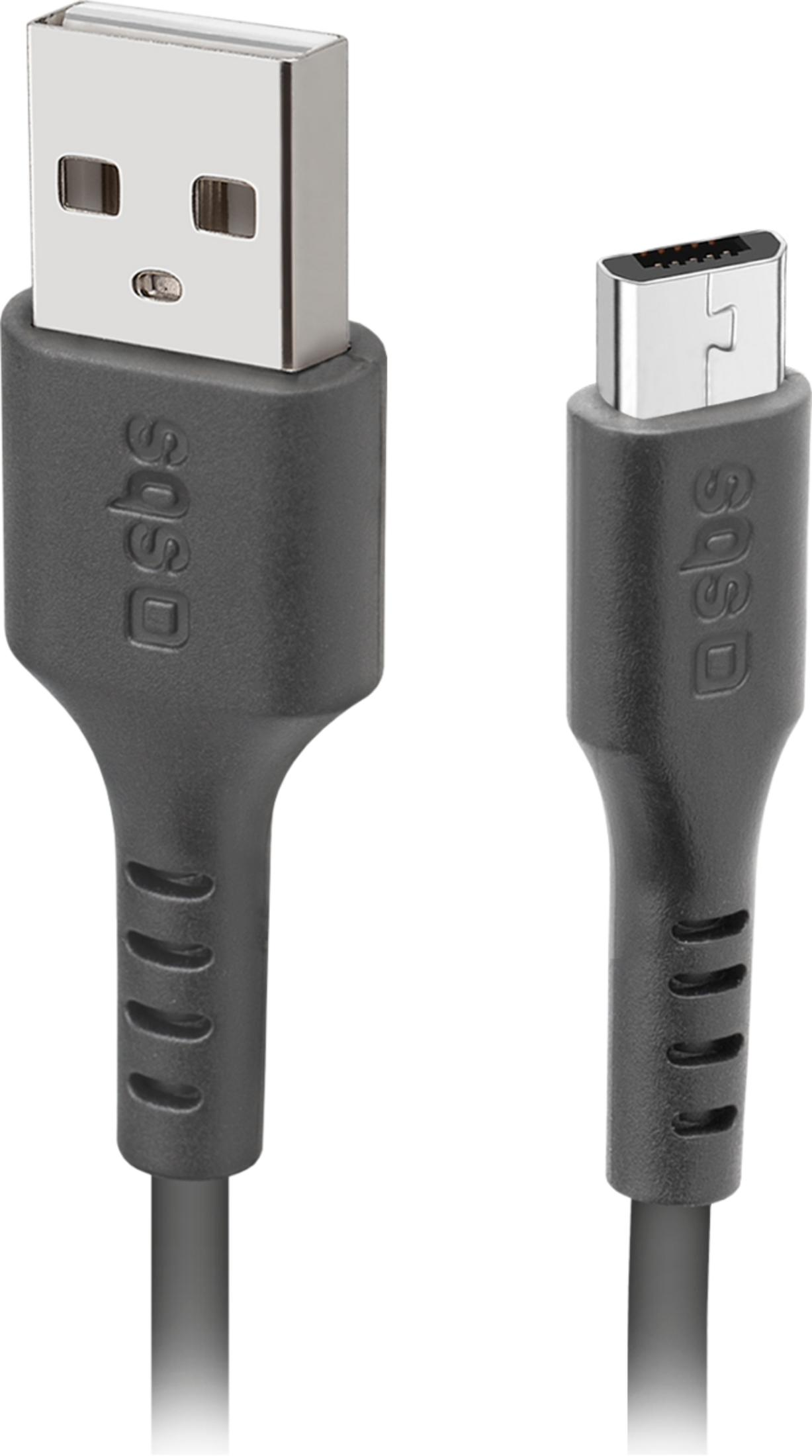 Un cavo USB nero con connettore USB-A argentato e connettore micro-USB argentato.