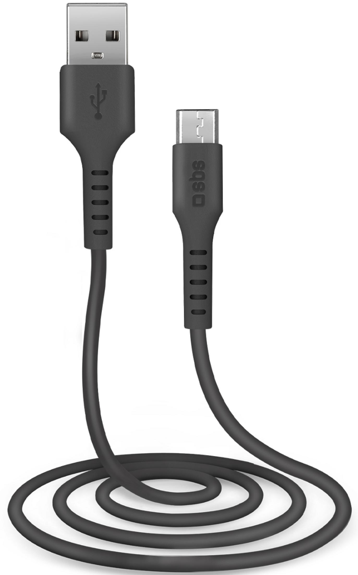 Un cavo USB nero con connettori USB-A standard e Micro-USB su sfondo bianco.