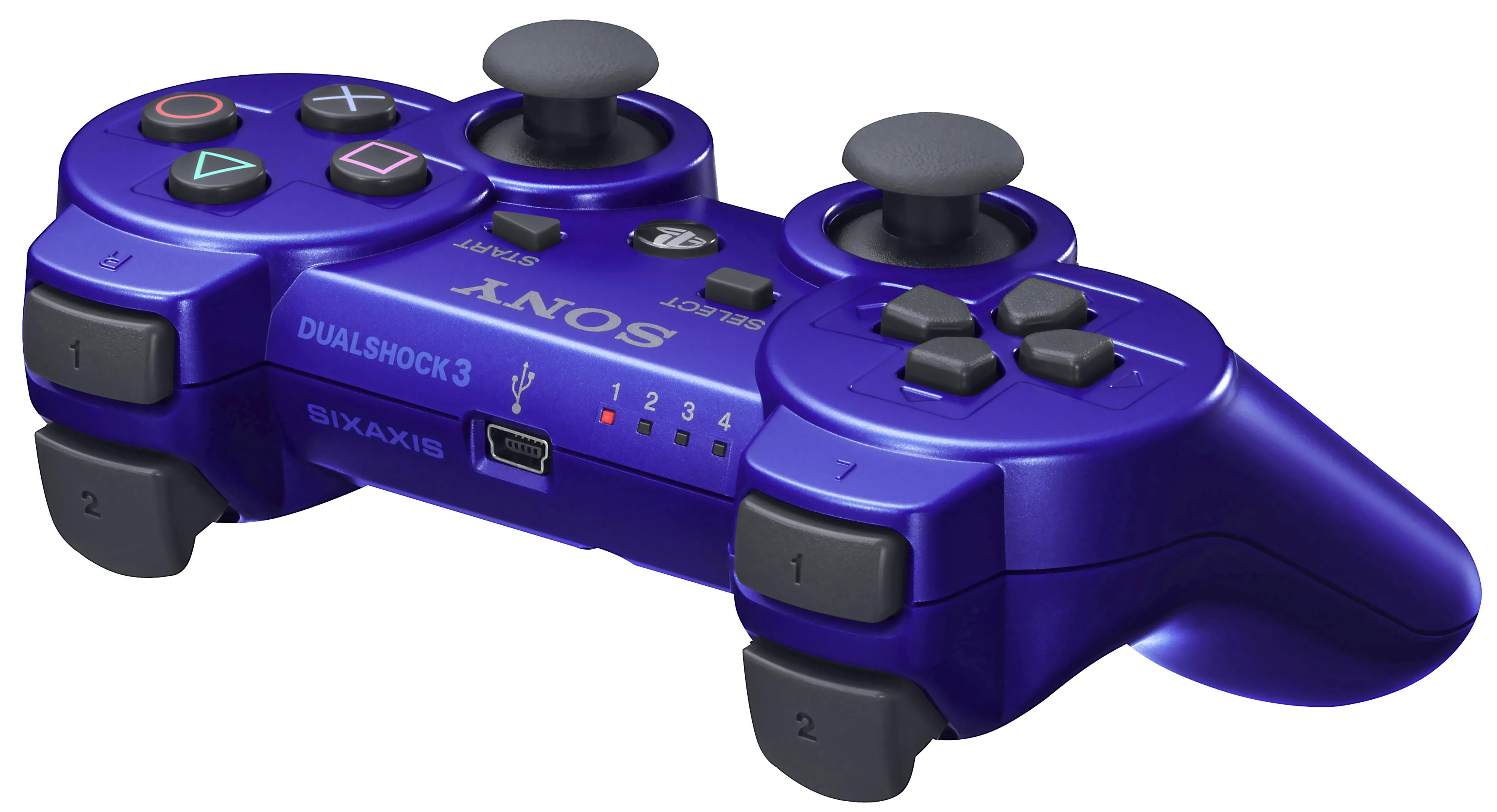 Ein violetter PlayStation 3 DualShock 3 Controller mit grauen Joysticks und Knöpfen.