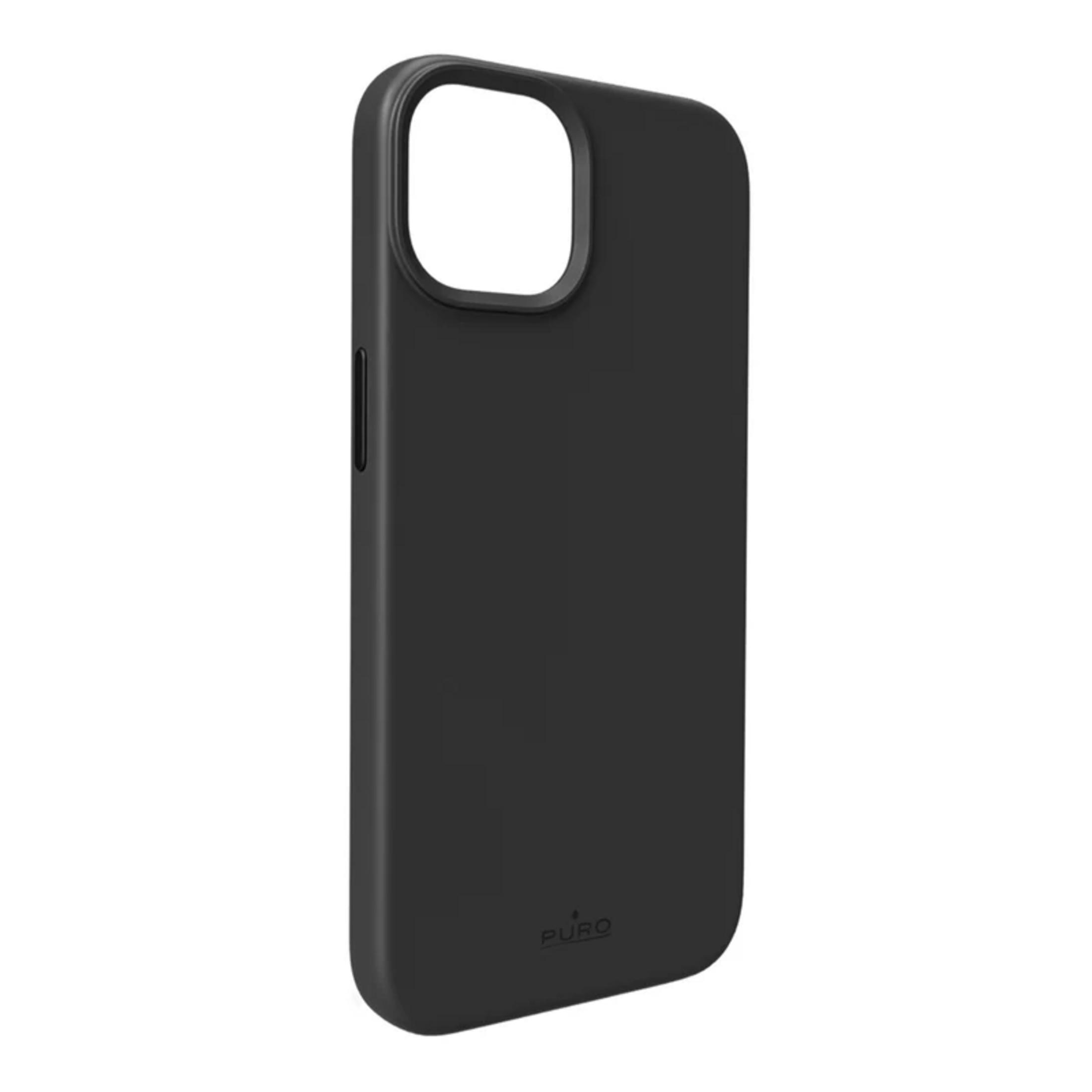 Custodia nera per telefono con ritaglio fotocamera e logo Puro.