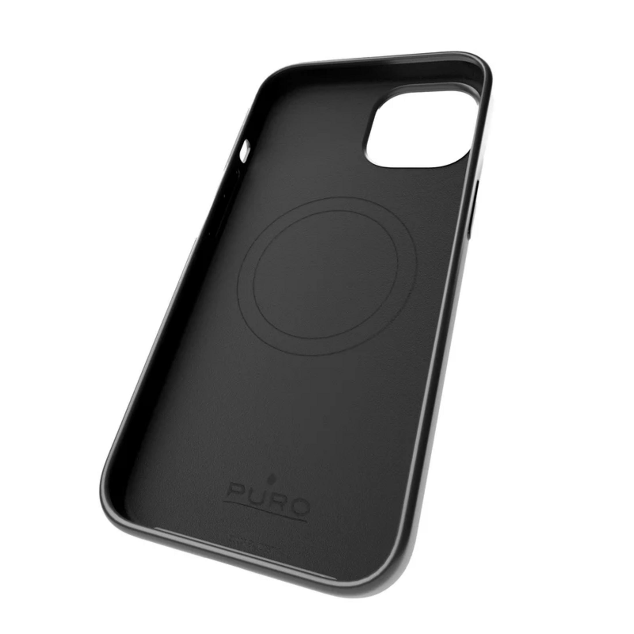 Custodia nera per telefono con logo Puro e impronta circolare all'interno.