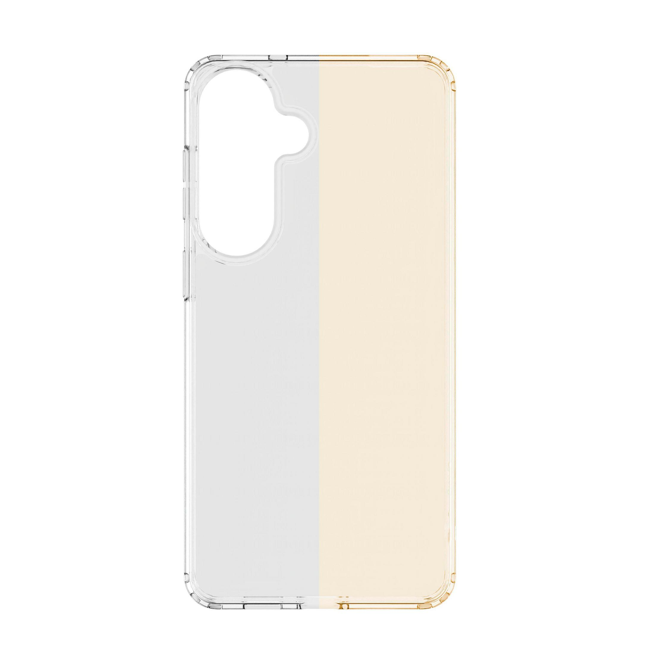 Funda de teléfono transparente con una sección gris y otra color crema.
