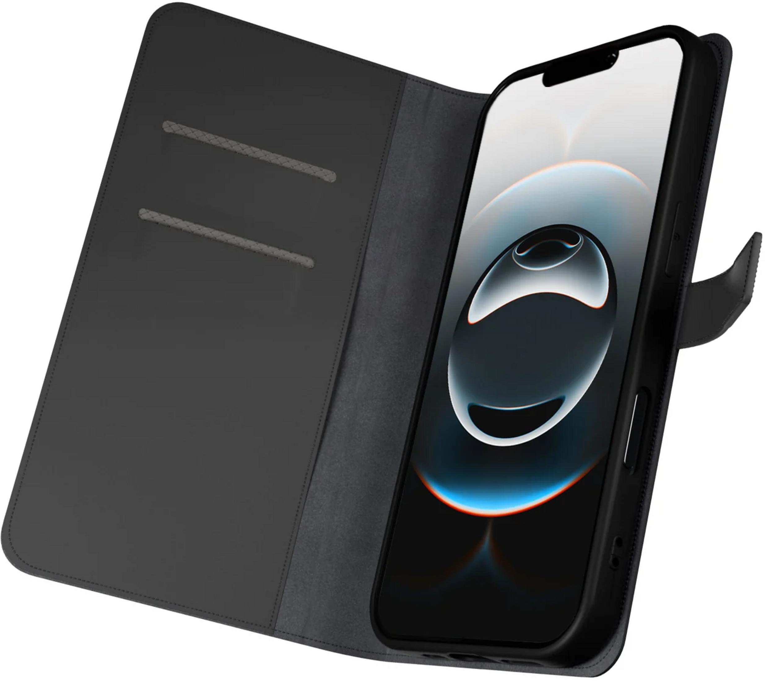 Un iPhone nero in una custodia a portafoglio nera aperta con slot.