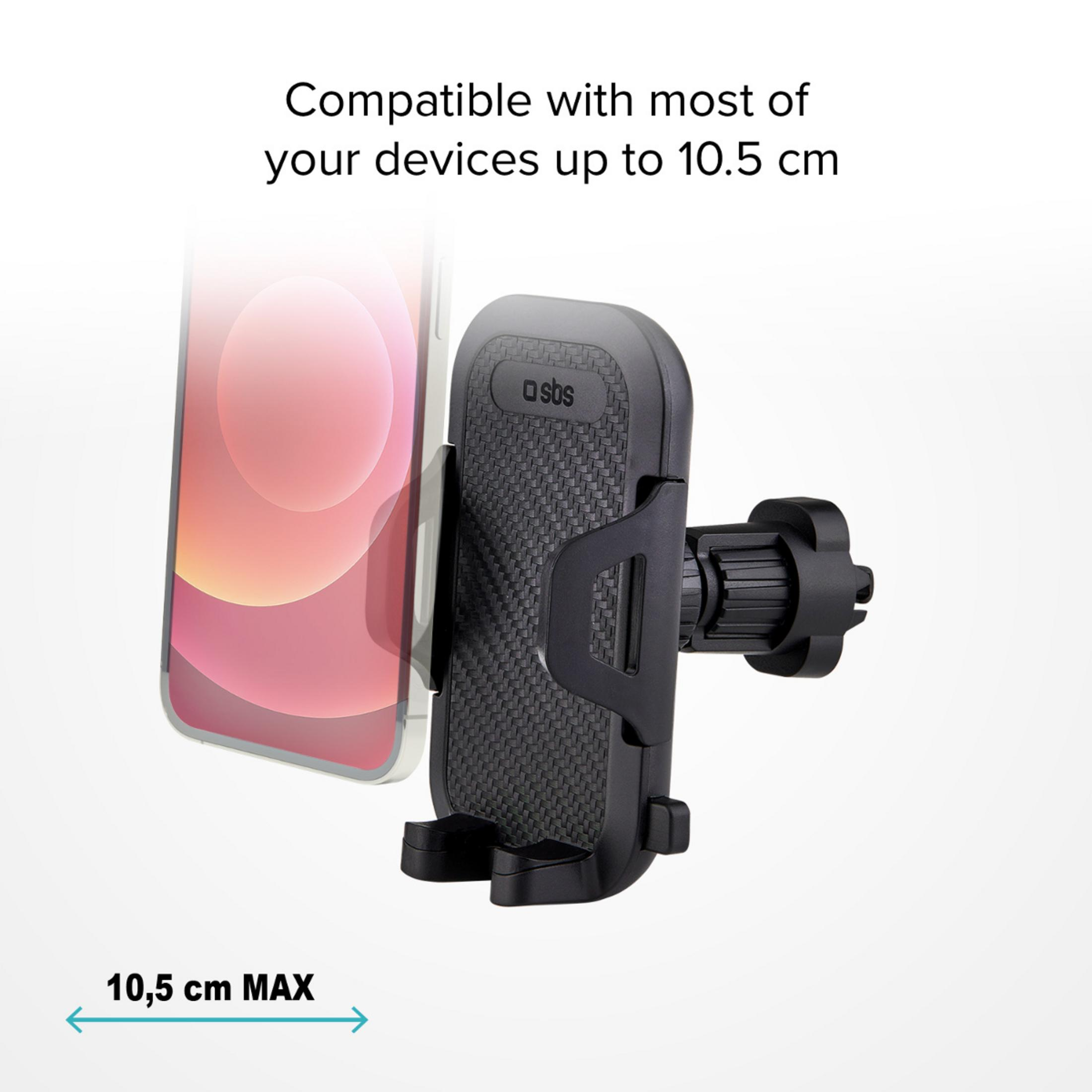 Supporto nero per telefono, compatibile fino a 10,5 cm.