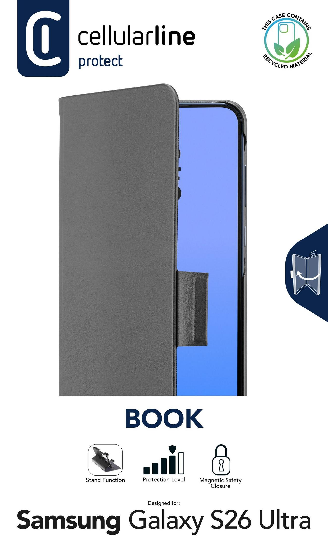 Coque livre grise pour Samsung Galaxy S26 Ultra avec icônes.