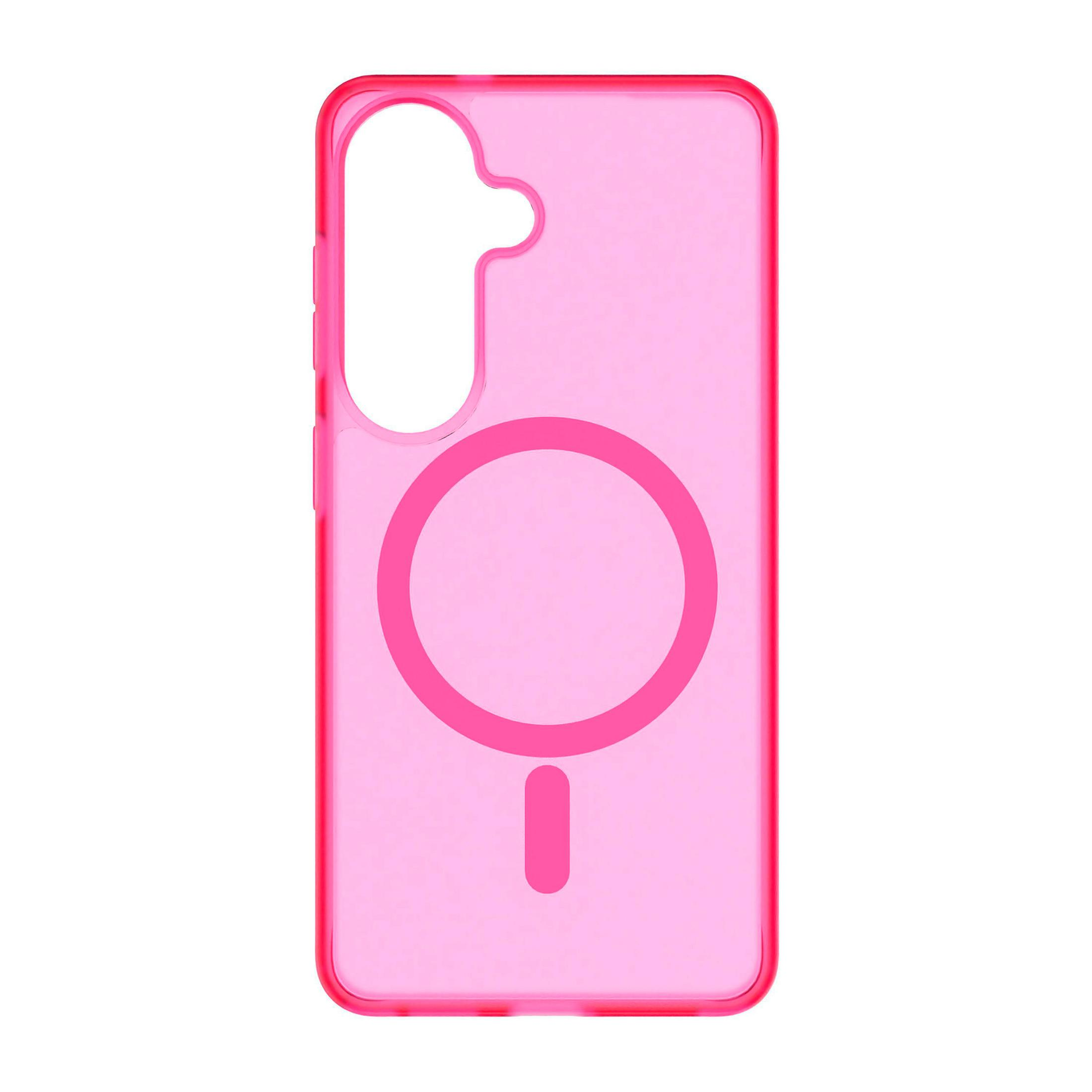 Eine durchsichtige, pinke Handyhülle mit einem kreisförmigen Muster.