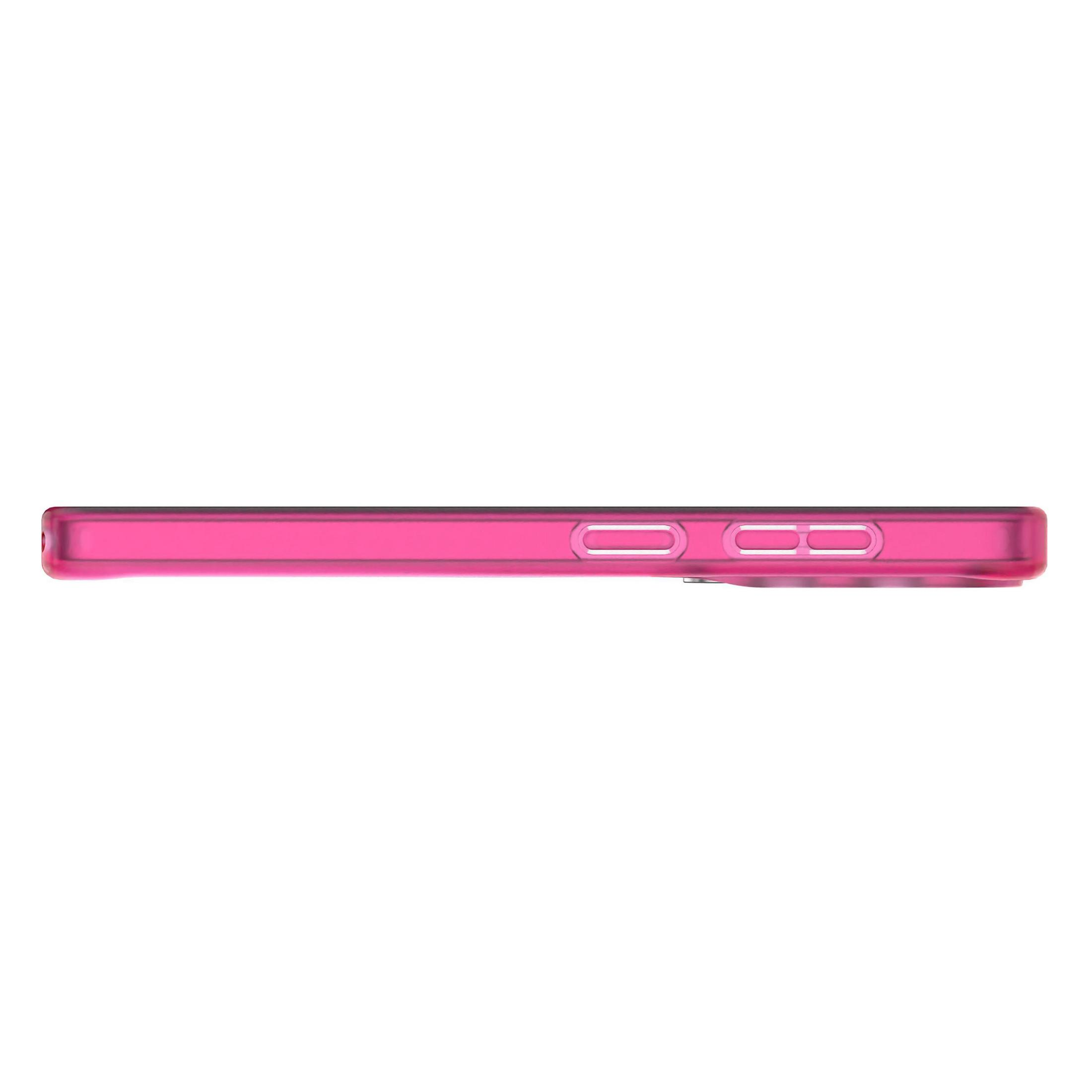 Eine durchsichtige, pinke Handyhülle mit Knöpfen an der Seite.
