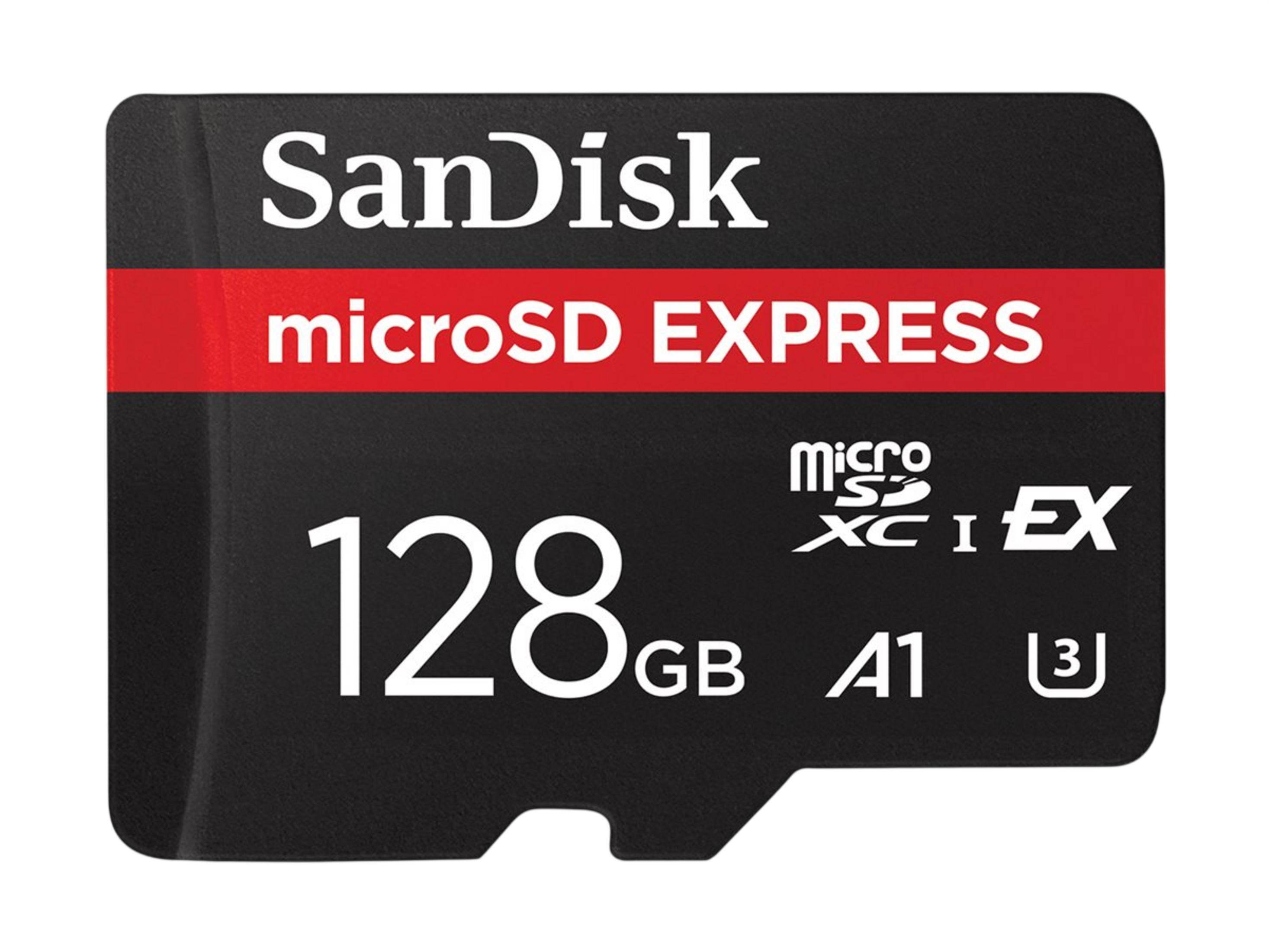 Tarjeta de memoria SanDisk microSDXC EXPRESS 128GB A1 U3 sobre fondo blanco.