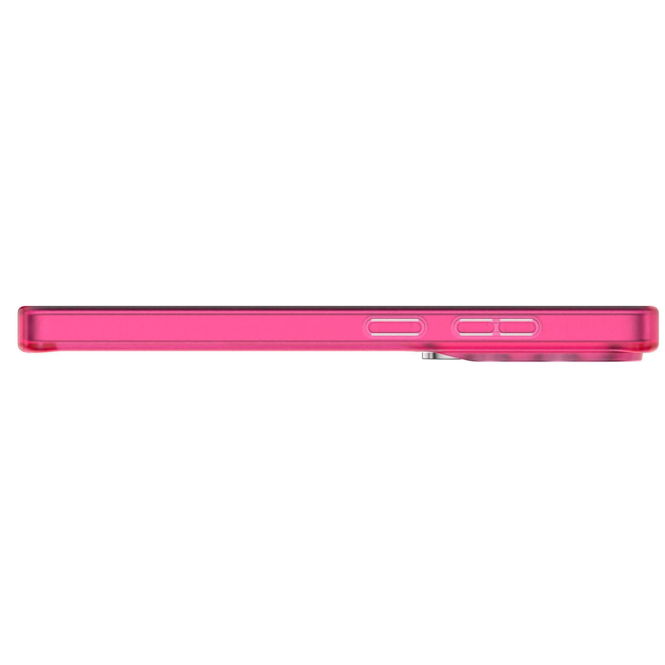 Una cover per telefono rosa traslucida con pulsanti sul lato.
