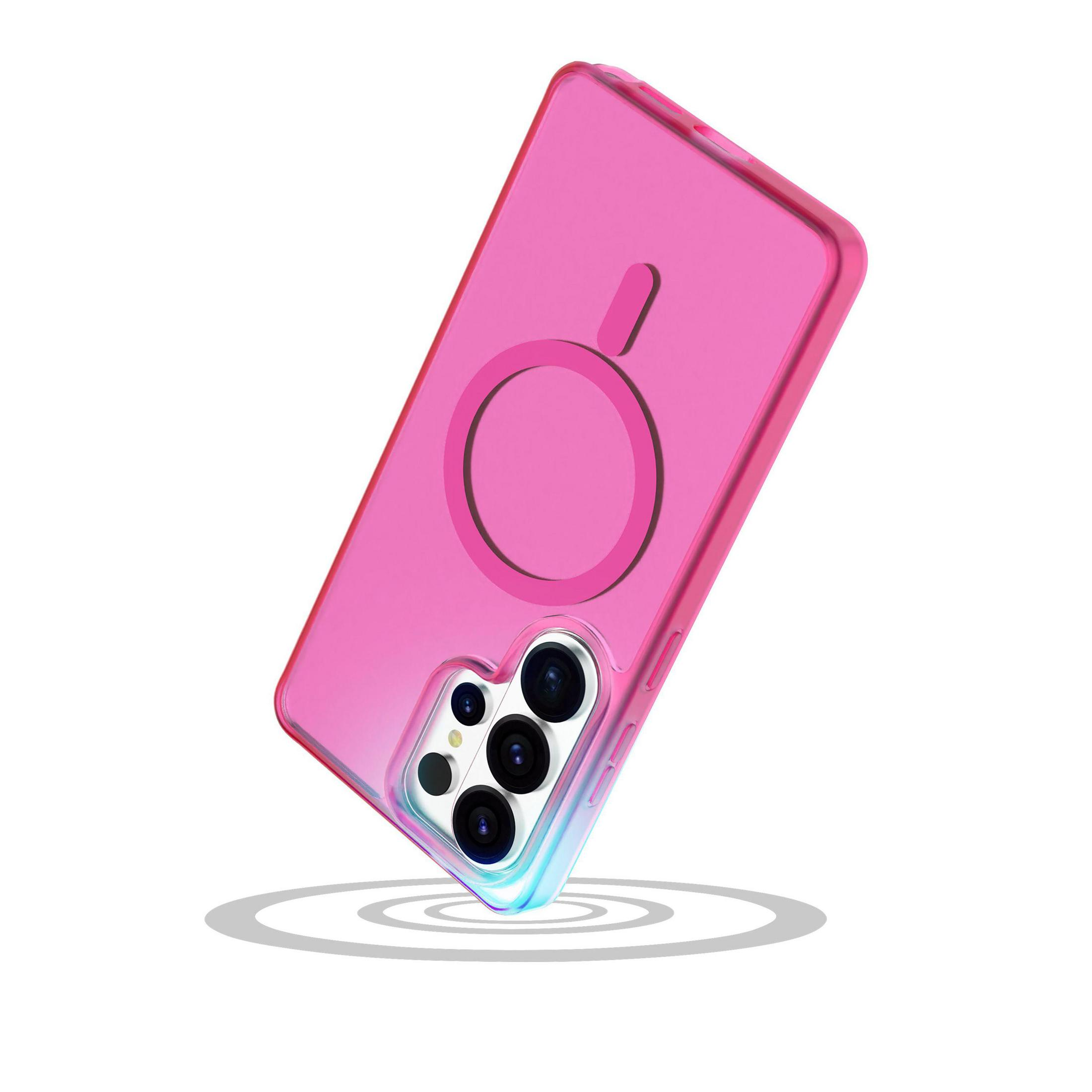 Una cover trasparente rosa per telefono con anello e ritaglio fotocamera.