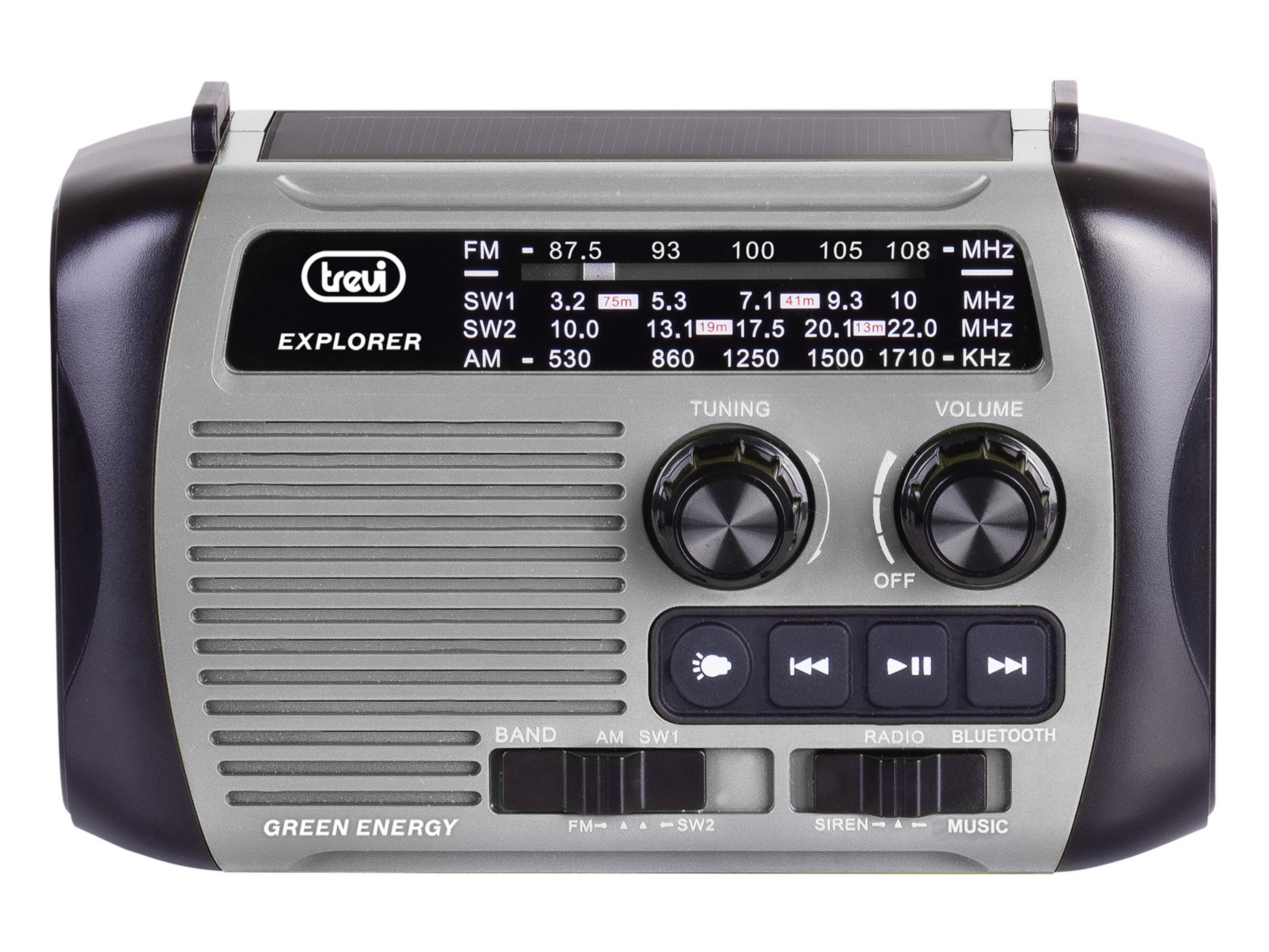 Graues und schwarzes Notfallradio mit Solarpanel, Knöpfen und Tasten.