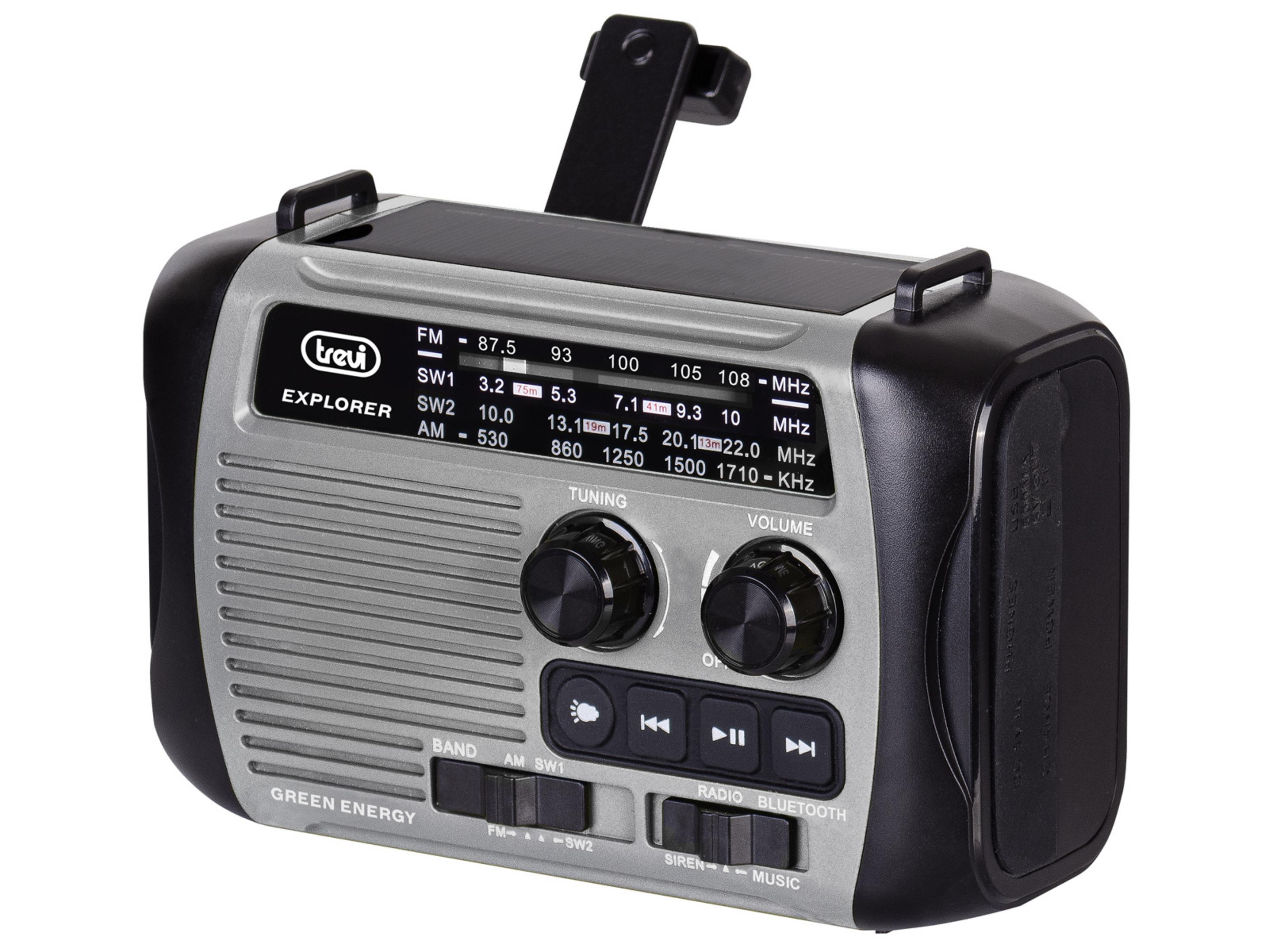 Ein tragbares silbernes und schwarzes Radio mit Solarpanel, Knöpfen und Schaltern.