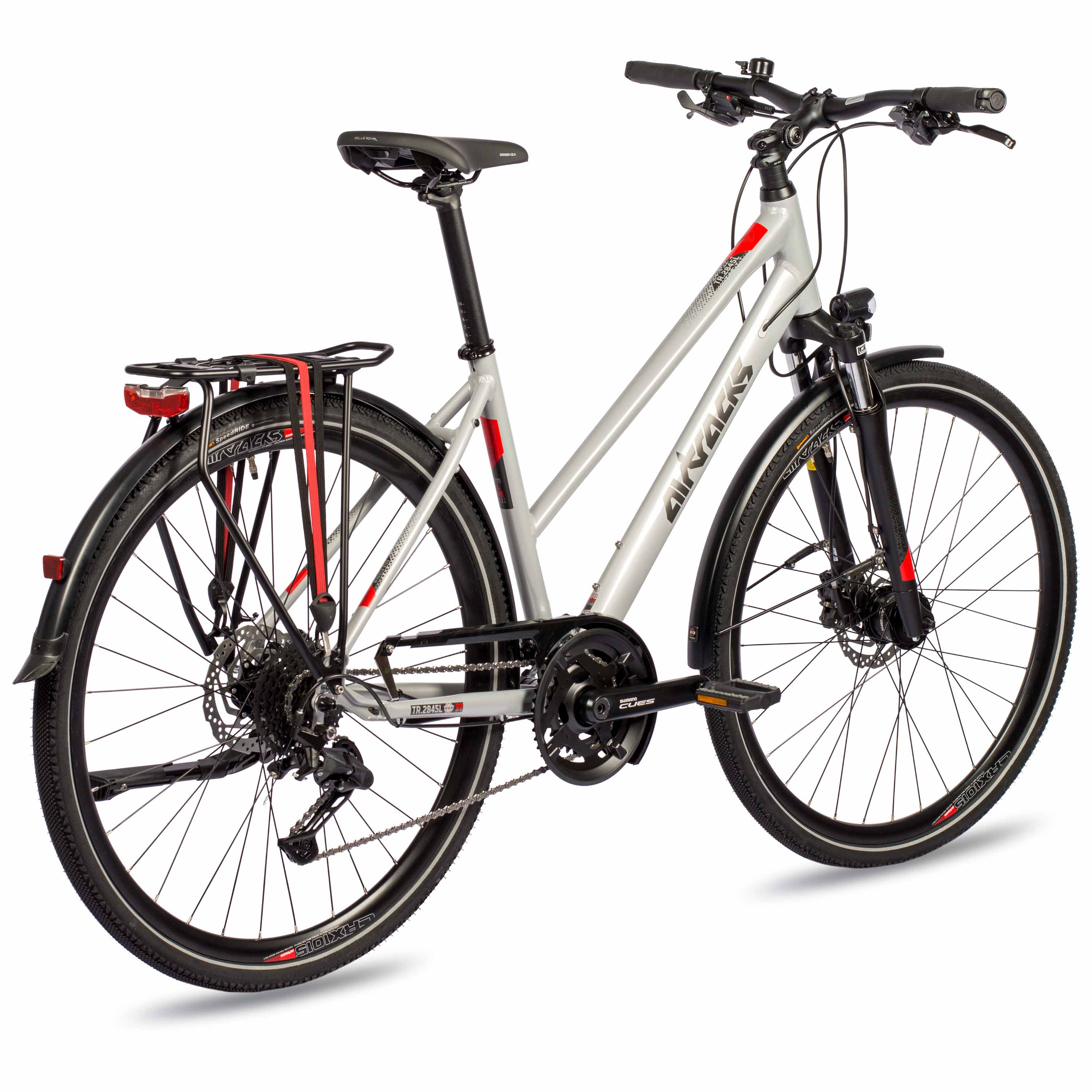Ein silbernes Fahrrad mit Gepäckträger, Schutzblechen und Scheibenbremsen.