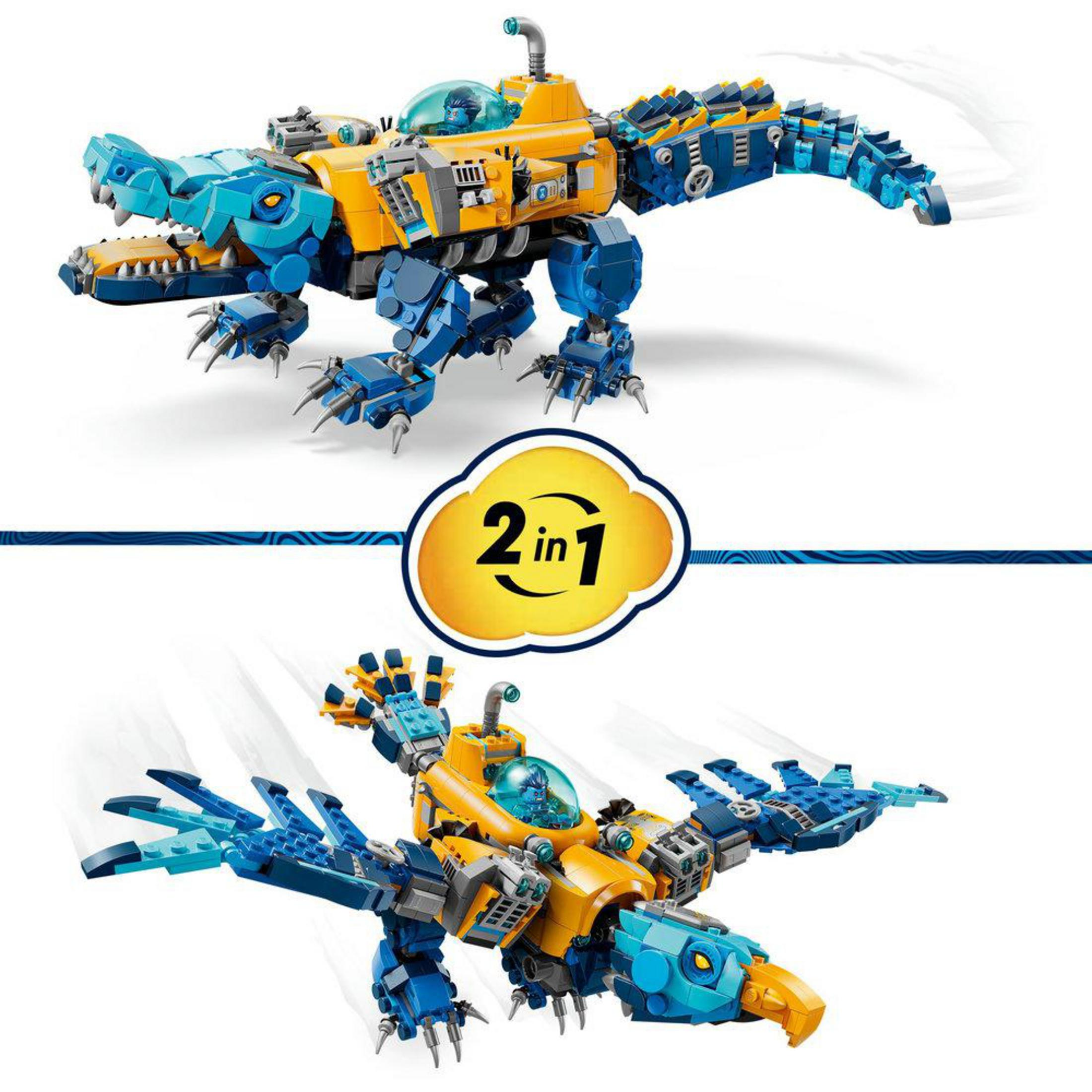 Mavi ve sarı Lego timsah robotu ve kanatlı Lego kuş robotu.