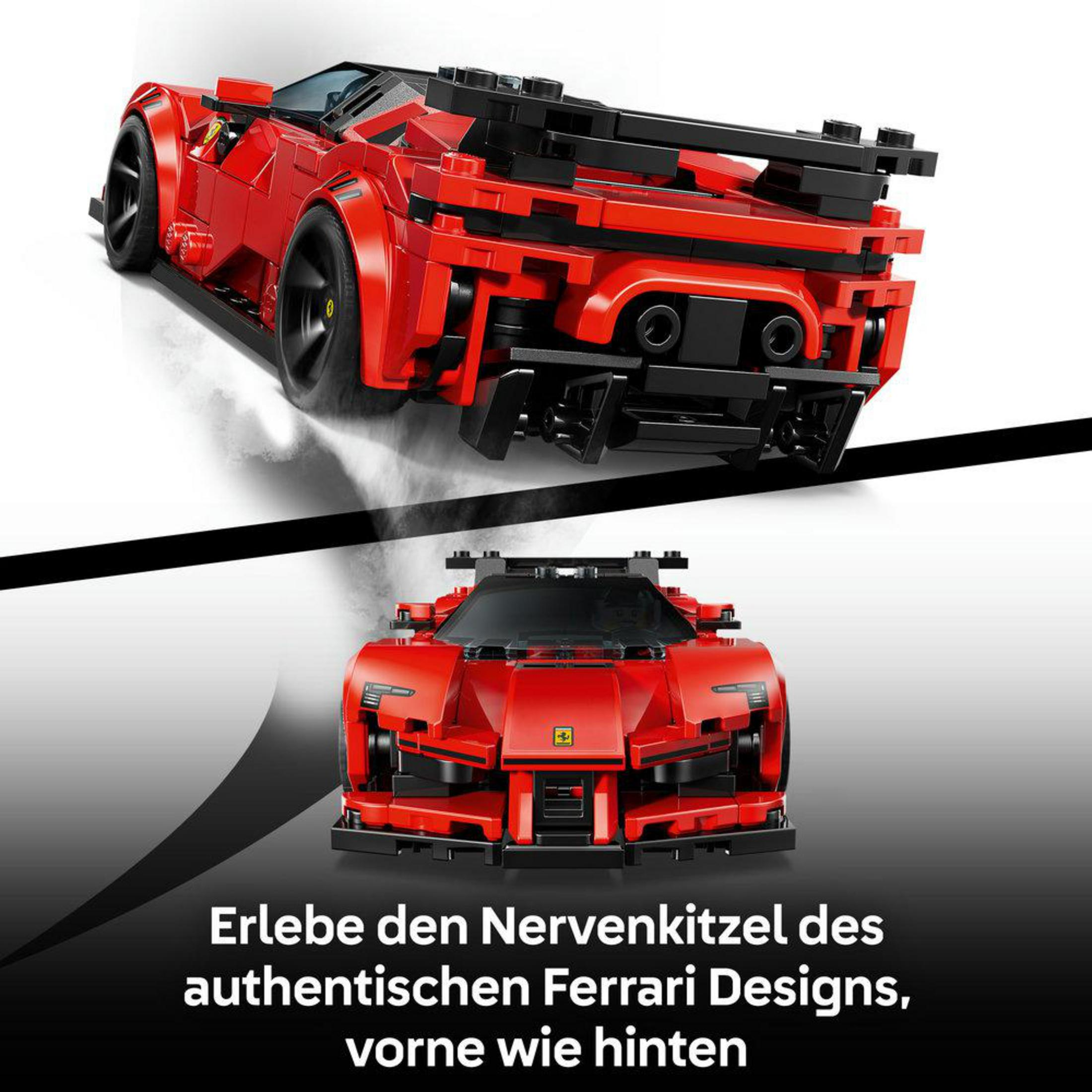 Dwa czerwone modele samochodów sportowych Lego Ferrari, jeden od przodu, jeden od tyłu.