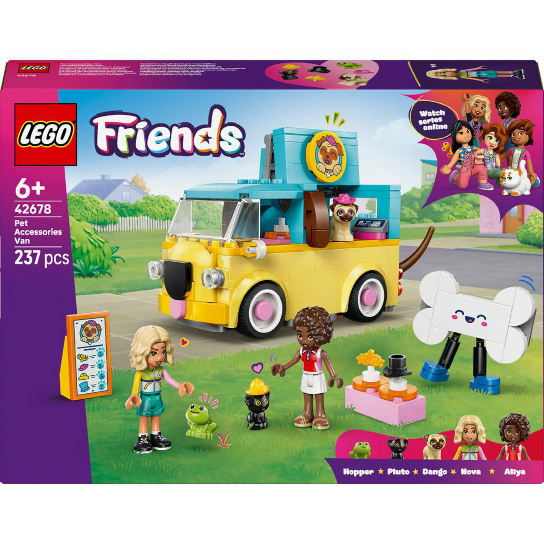 Zestaw LEGO Friends z żółtym vanem, postaciami, psami i akcesoriami.