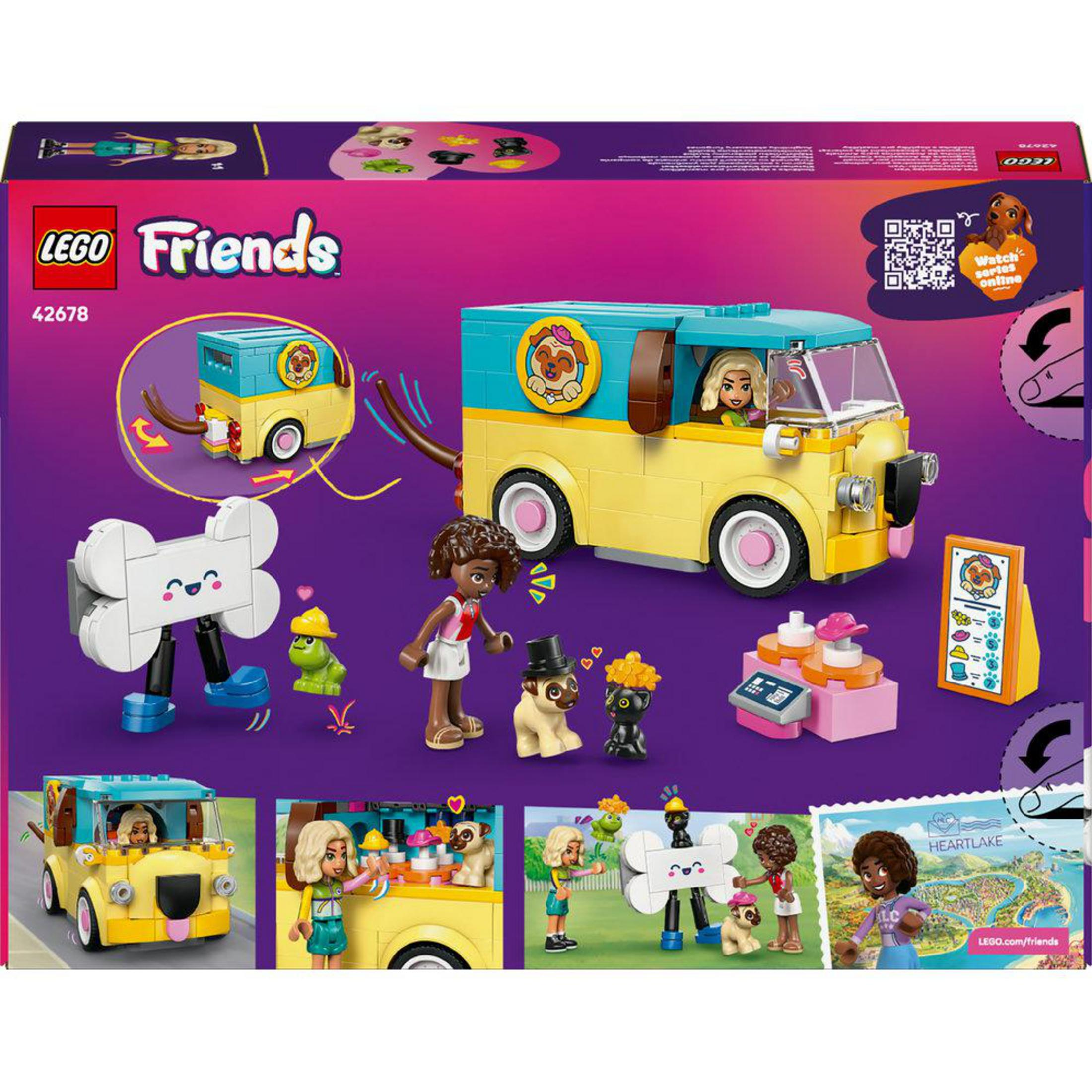 Zestaw Lego Friends z żółtą furgonetką, postaciami, psami i robotem w kształcie kości.