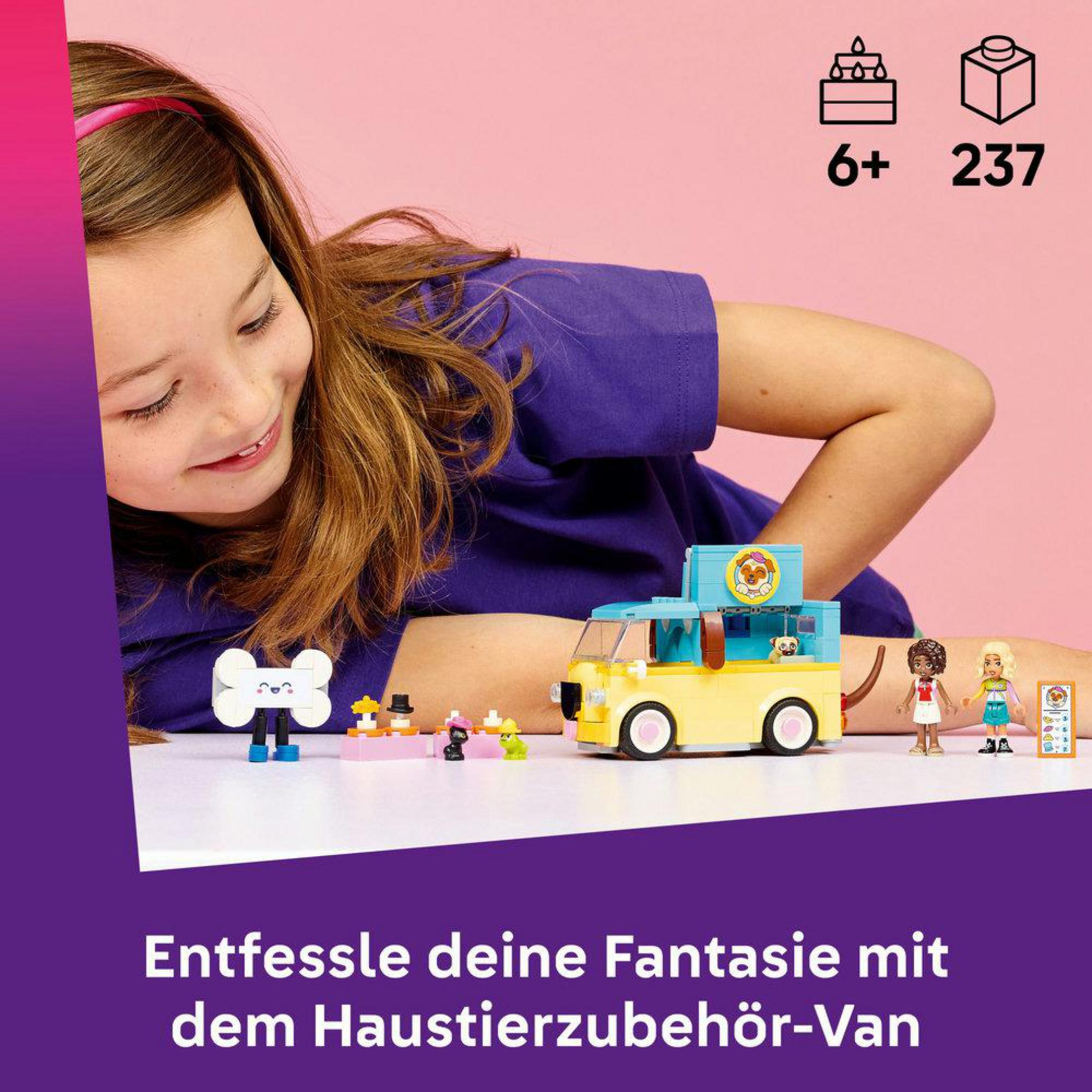 Dziewczynka bawi się figurkami Lego i żółtą furgonetką. Wiek 6+, 237 elementów.