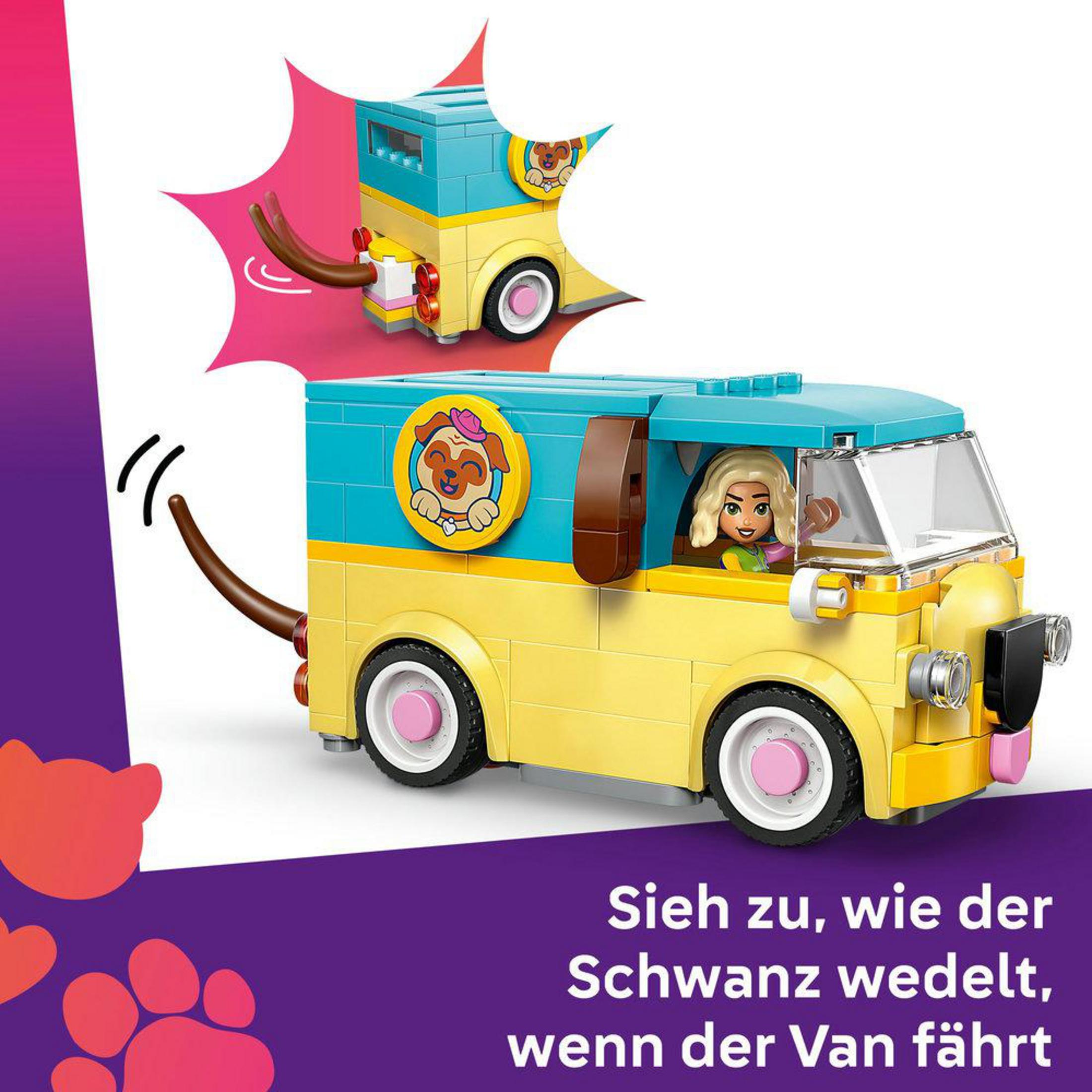 Żółty van Lego jest prowadzony przez blondynkę. Na vanie widnieje pies.