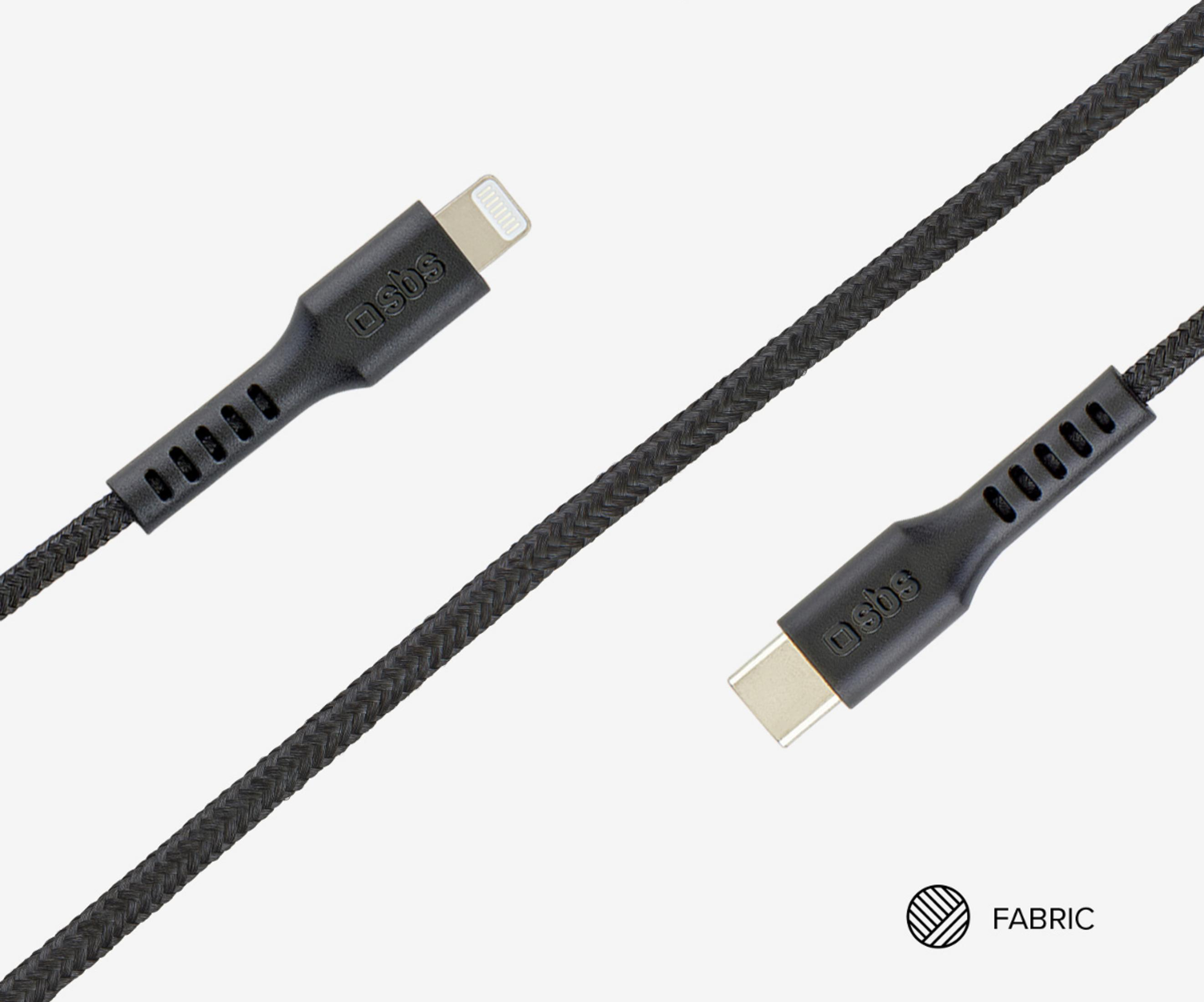 Cable de tela negro con conectores Lightning y USB-C.
