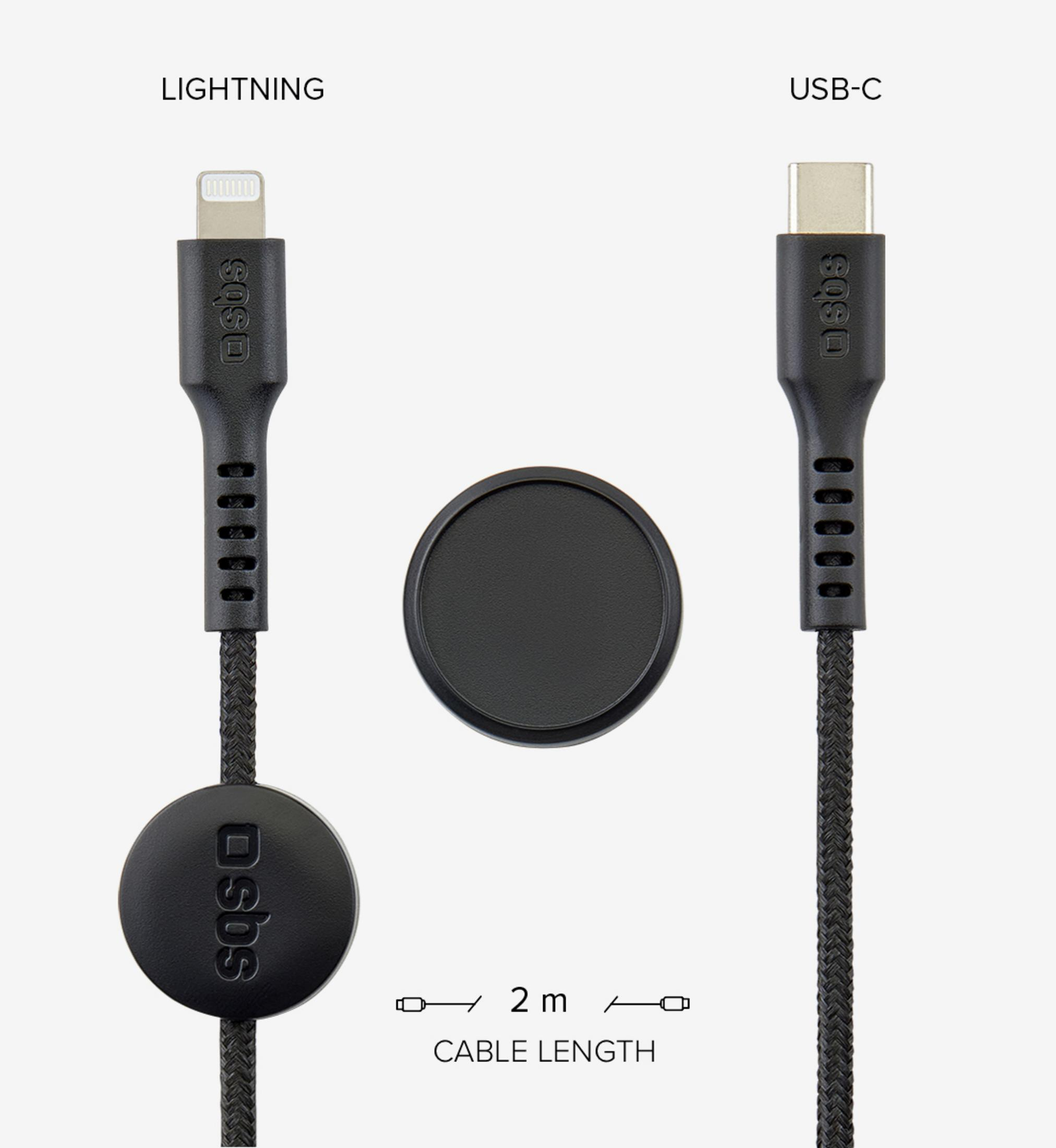 Cable Lightning y USB-C negro, de 2 m, con logo de SBS.