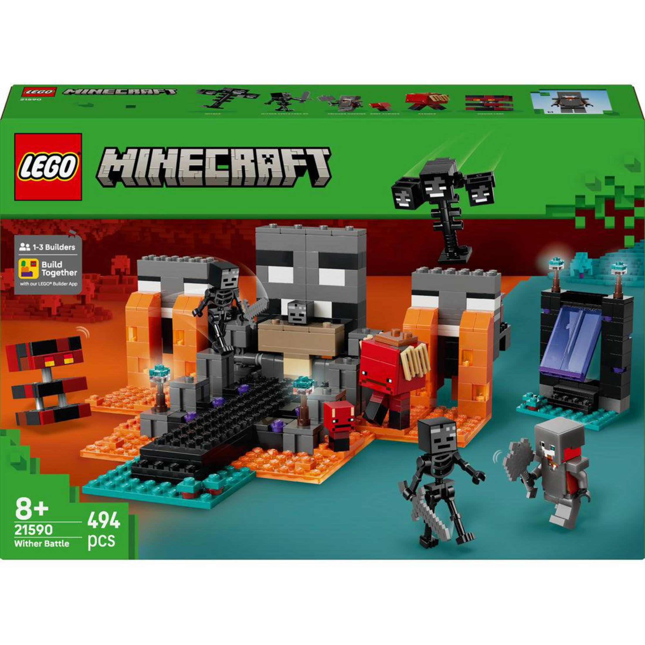 Zestaw LEGO Minecraft z wojownikami szkieletami, czerwonym strażnikiem i lawą.