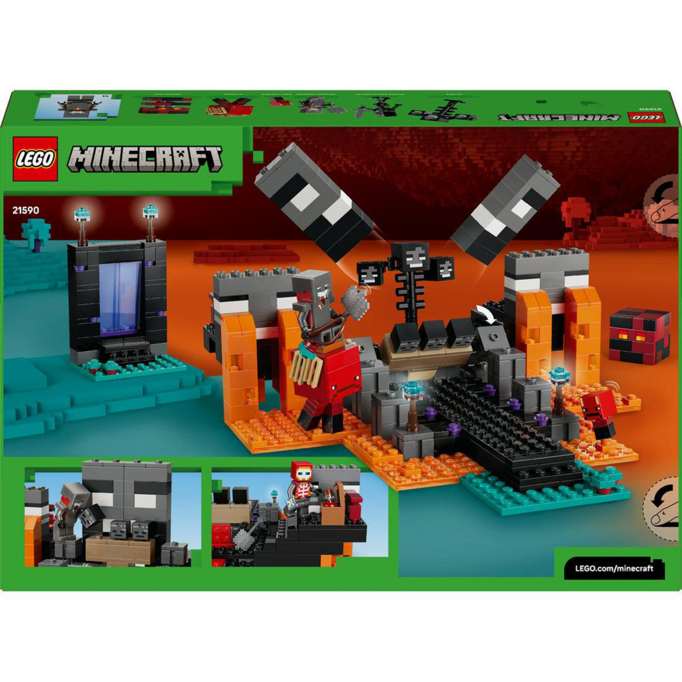 Zestaw Lego Minecraft z portalem, figurkami i strukturami w kolorze pomarańczowym i czarnym.