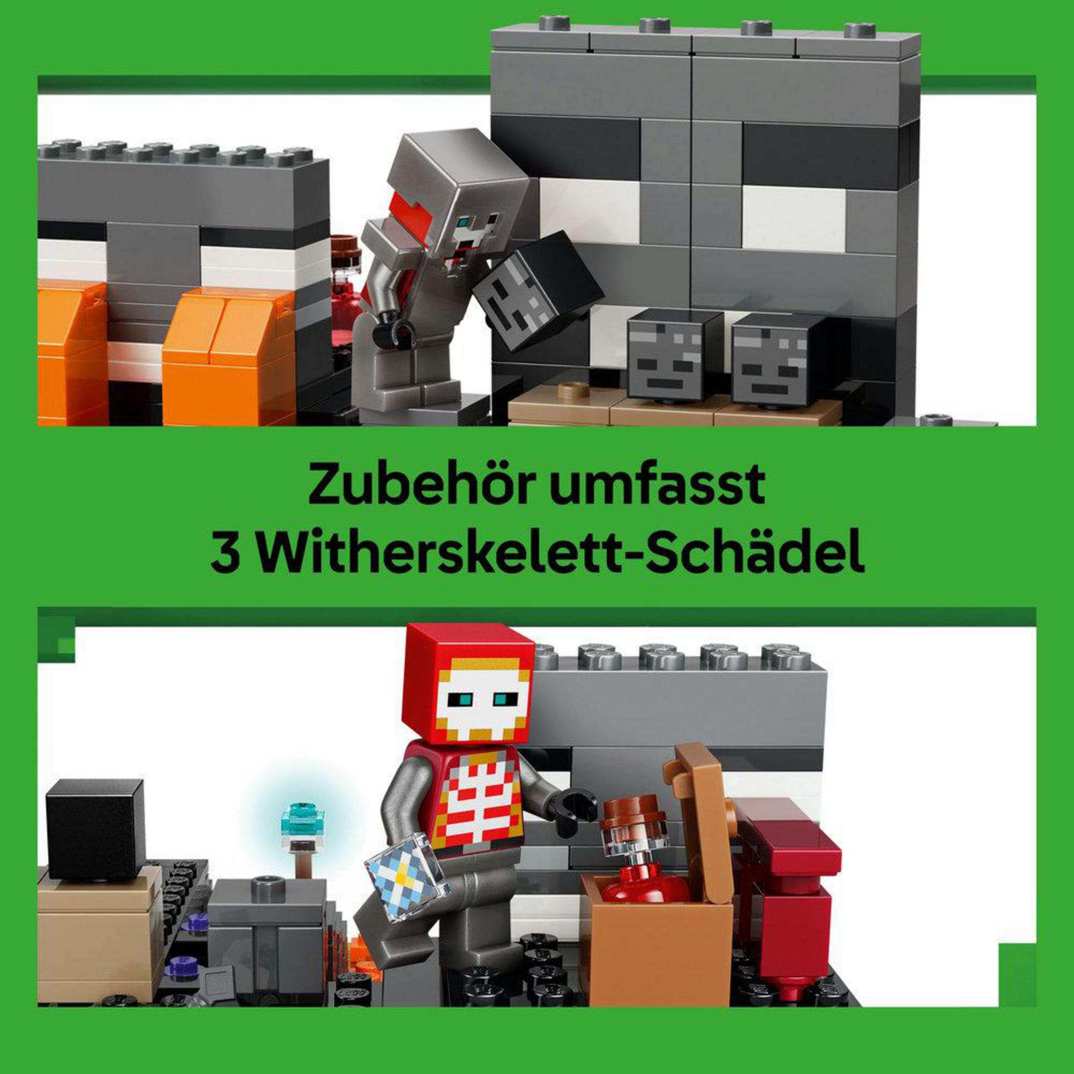Figurki i klocki Lego w kolorach szarym, pomarańczowym i czerwonym na zielonym tle.