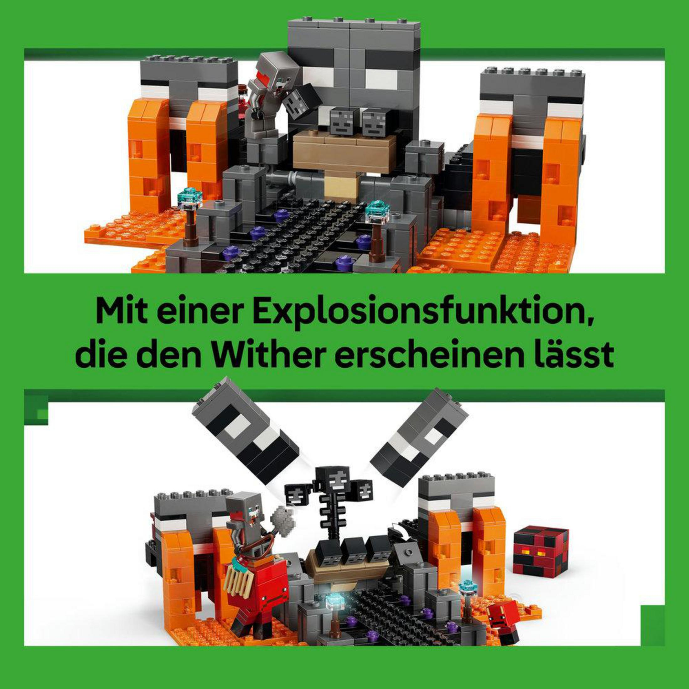 Budowla LEGO Minecraft przedstawiająca fortecę z figurkami i elementami lawy.