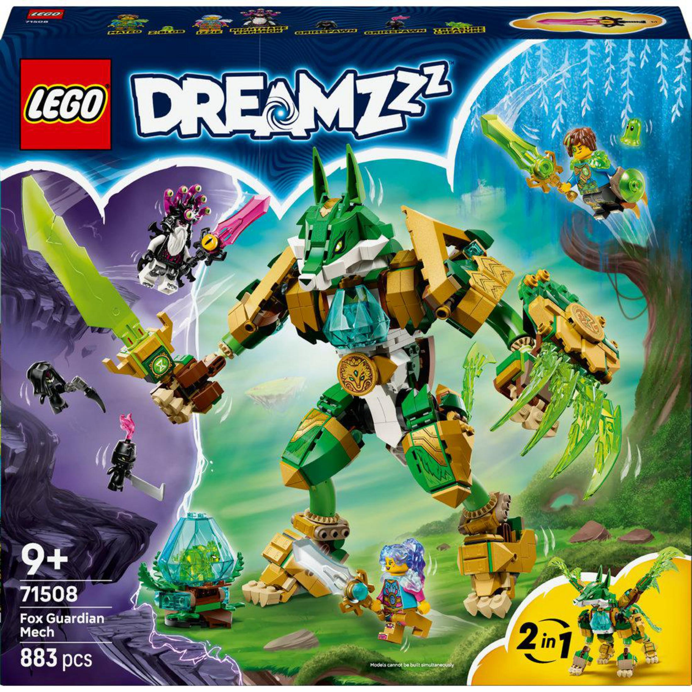 LEGO DreamZzz Tilki Koruyucu Mek set, figürler ve yeşil silahlar.