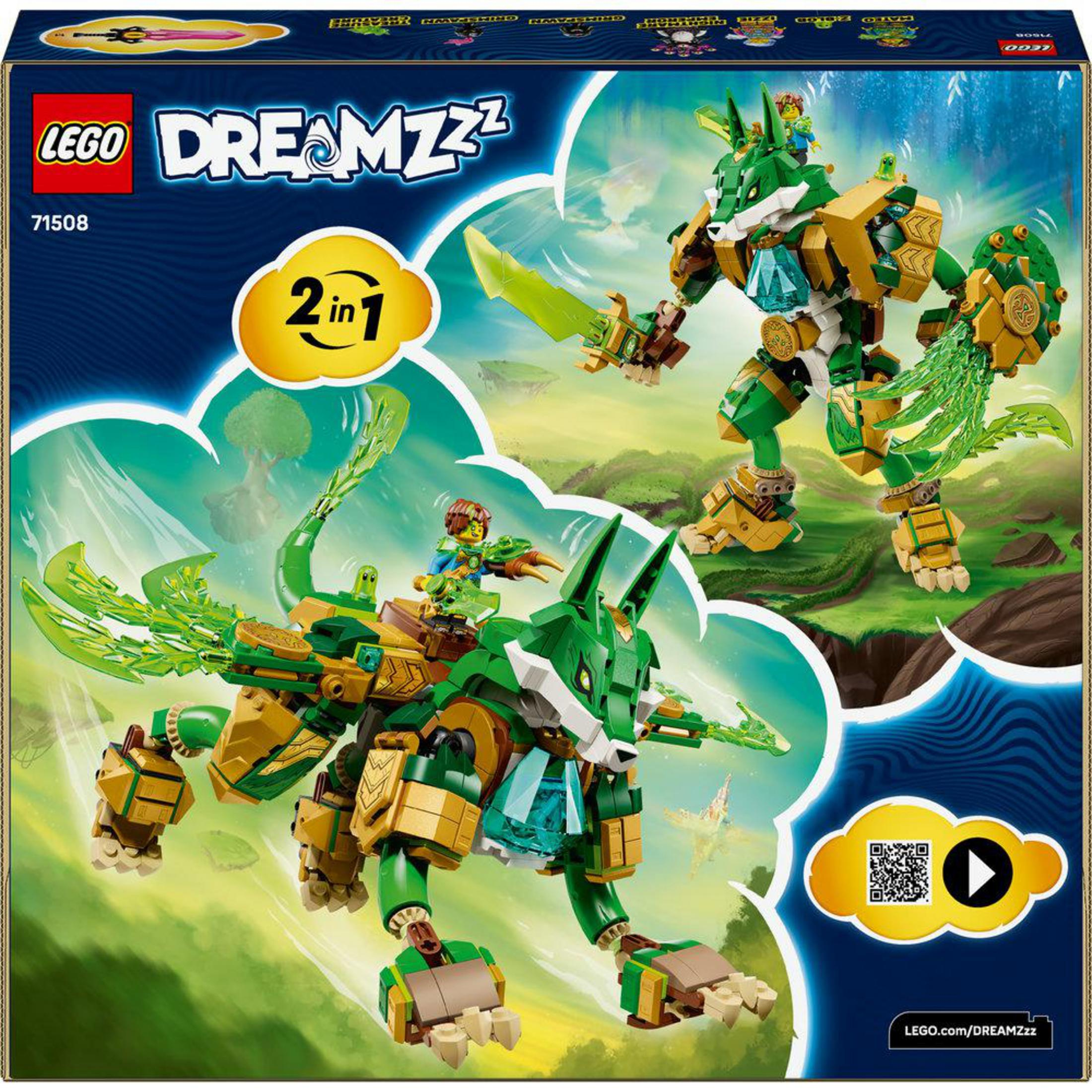 Lego Dreamzzz kutu sanatı: Binicili yeşil ve altın ejderha, ayakta duran ejderha.