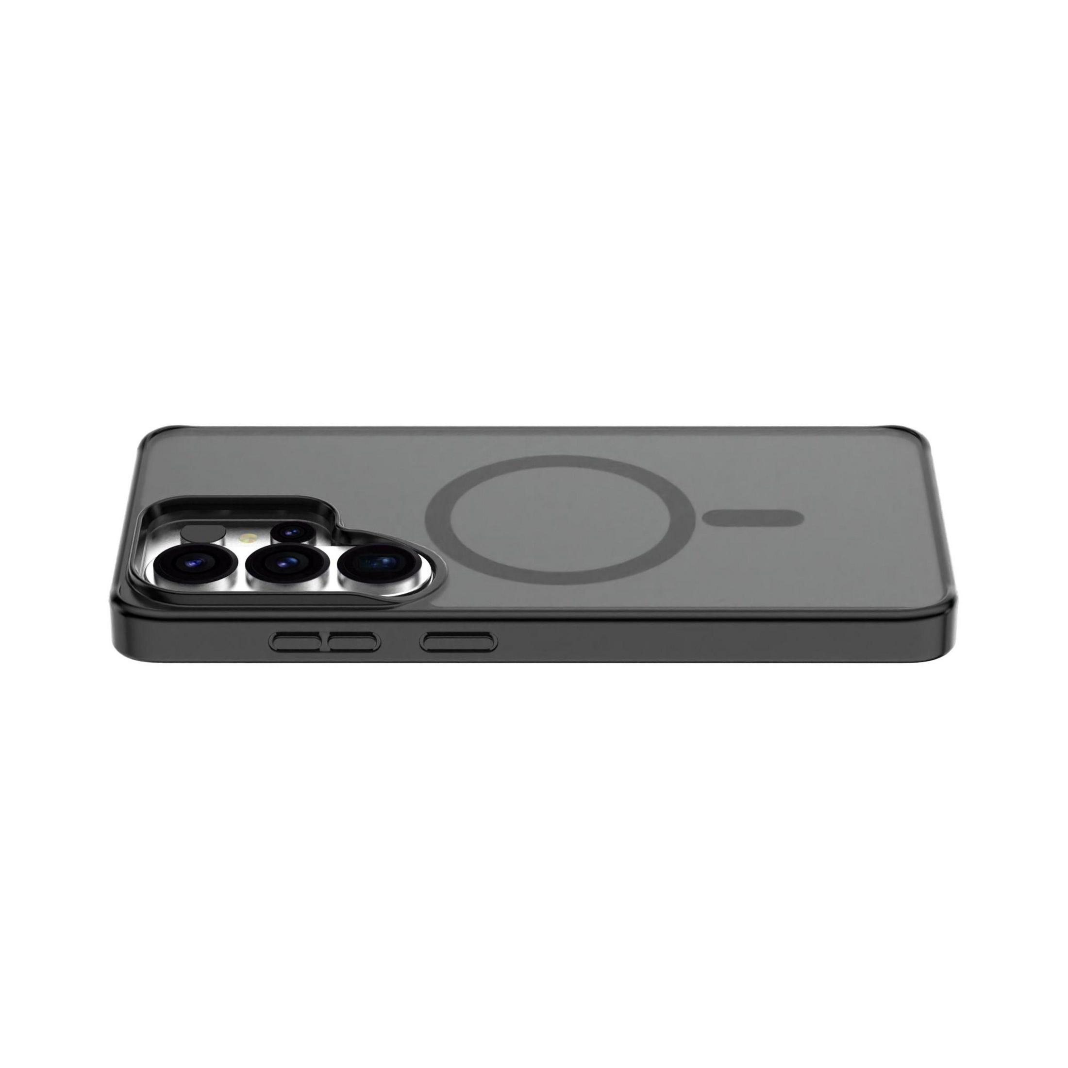 Custodia nera per telefono con tre fotocamere e cerchio di ricarica magnetico.