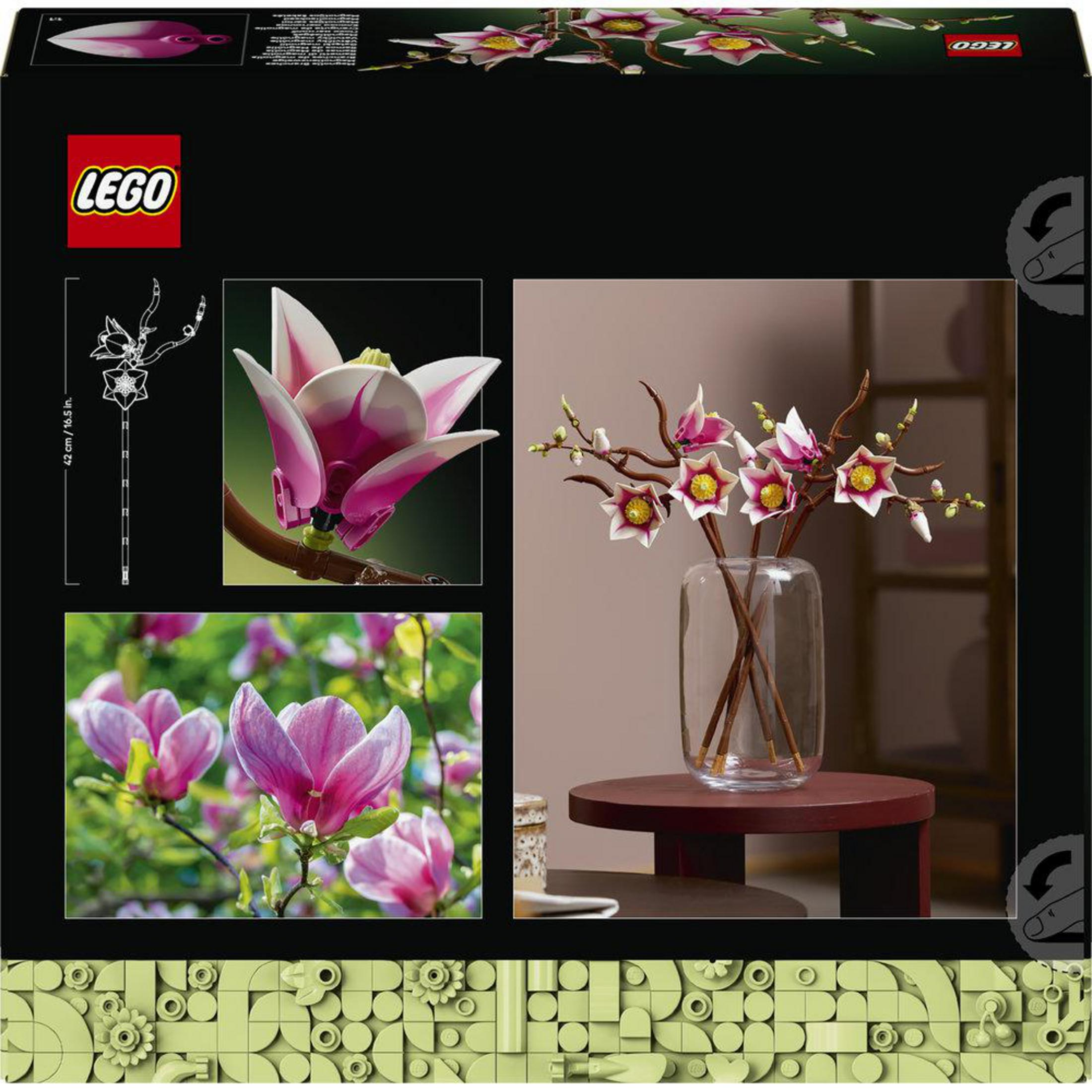 LEGO kutusu manolya çiçeği setini gösterir: yakın çekim, dış çekim ve vazo.
