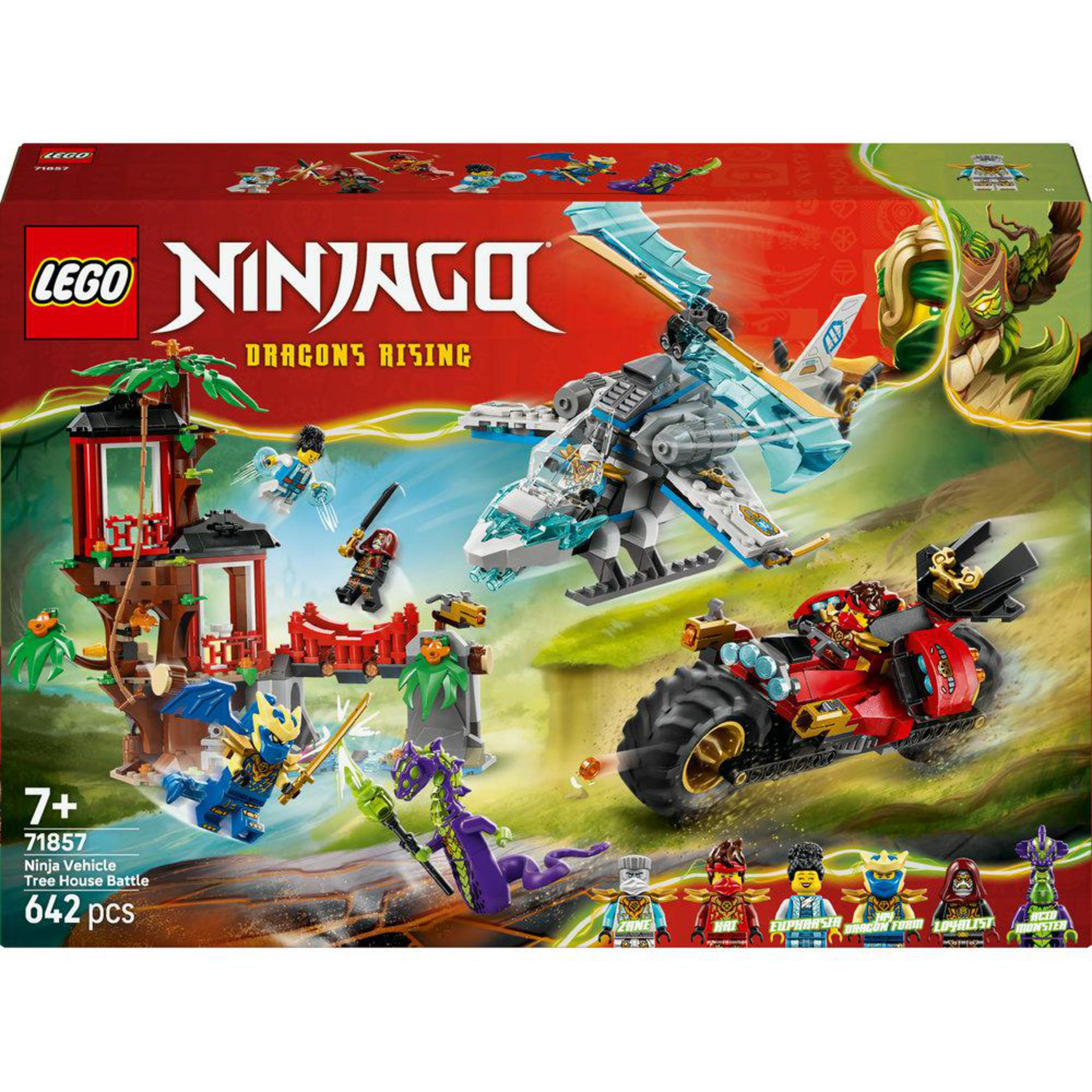 Set LEGO Ninjago con casa del árbol, avión, vehículo y minifiguras.