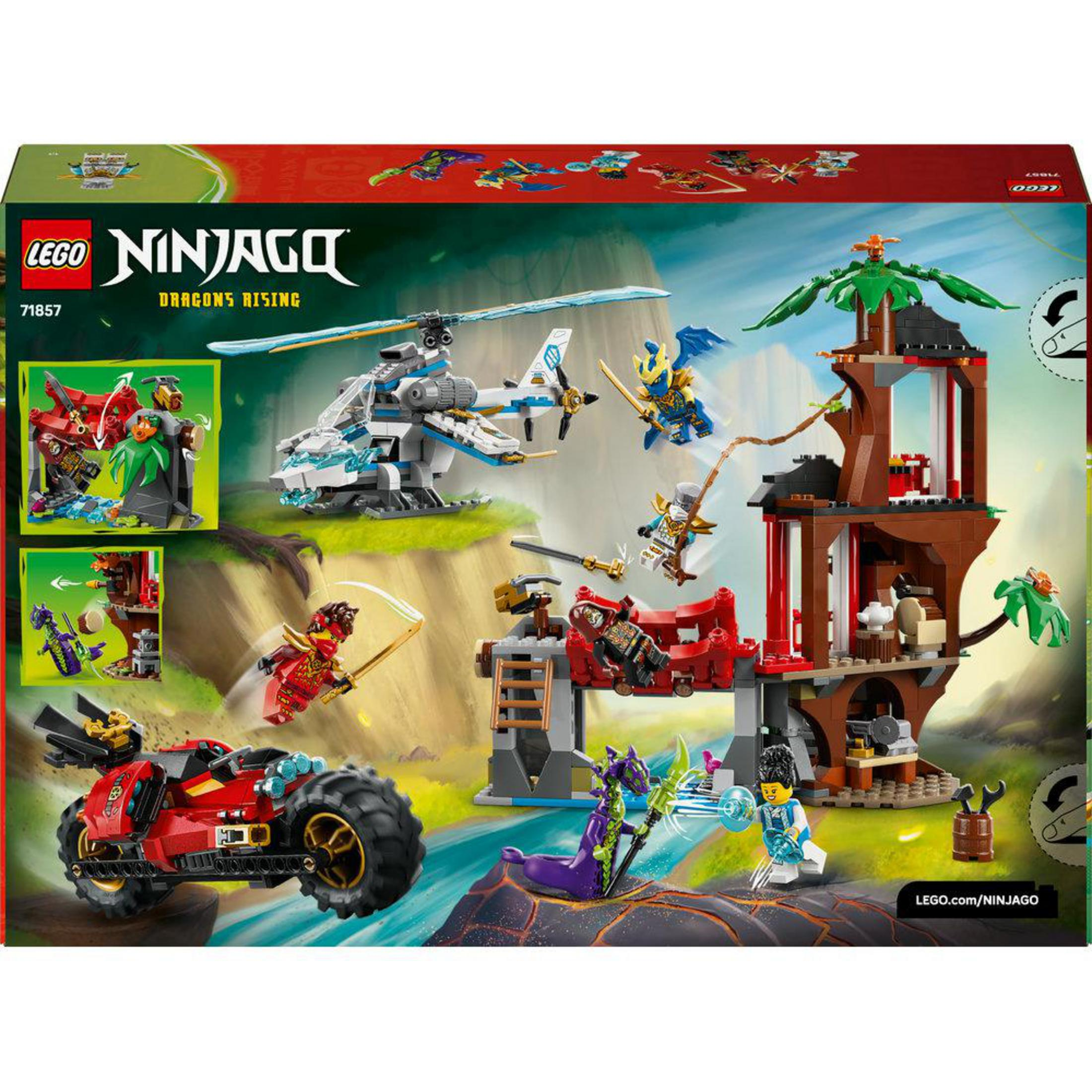 Set LEGO Ninjago con figuras, vehículos y casa del árbol en escena de acción.
