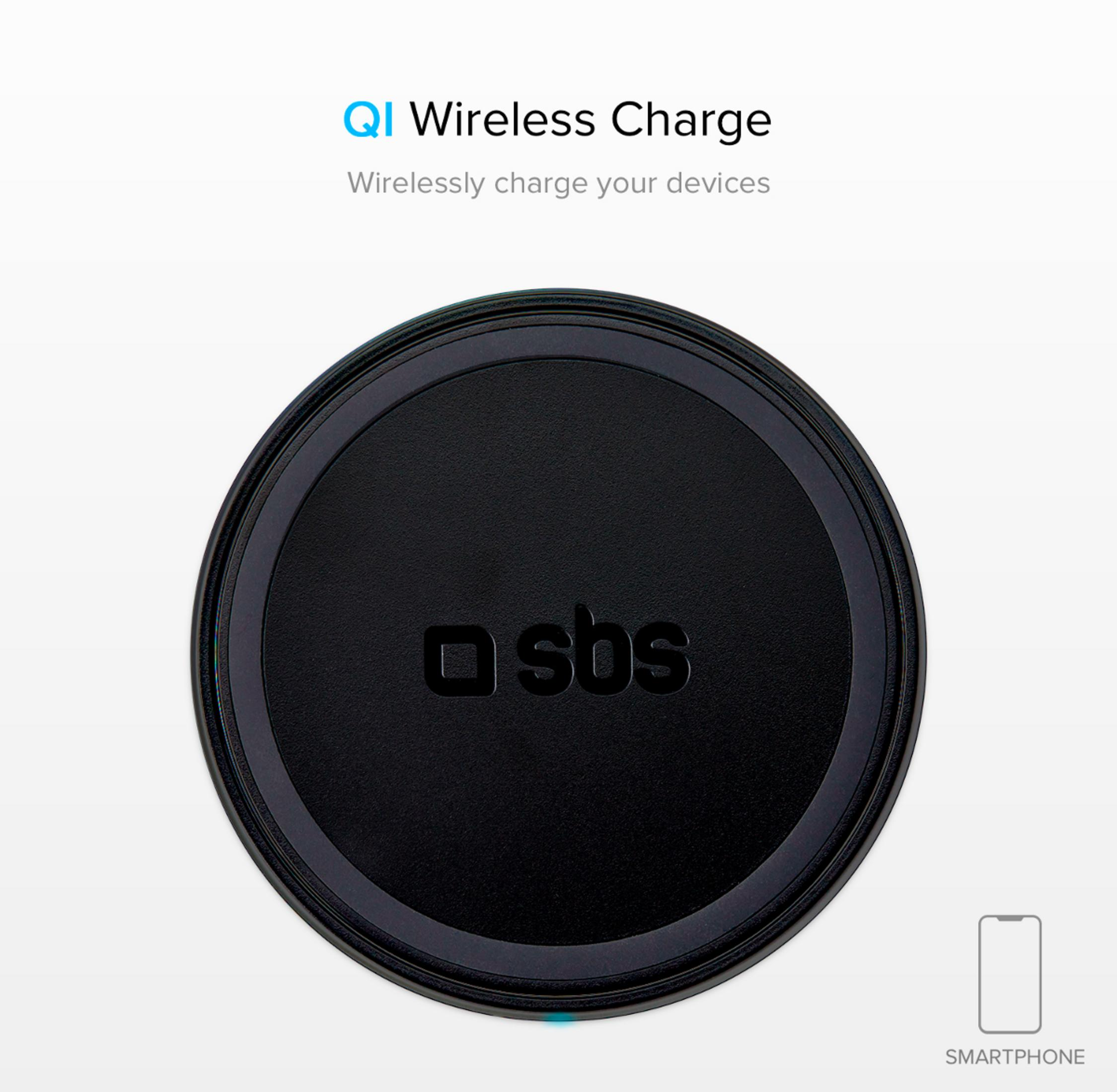 Cargador inalámbrico Qi negro y redondo con logo SBS, junto a icono de smartphone.