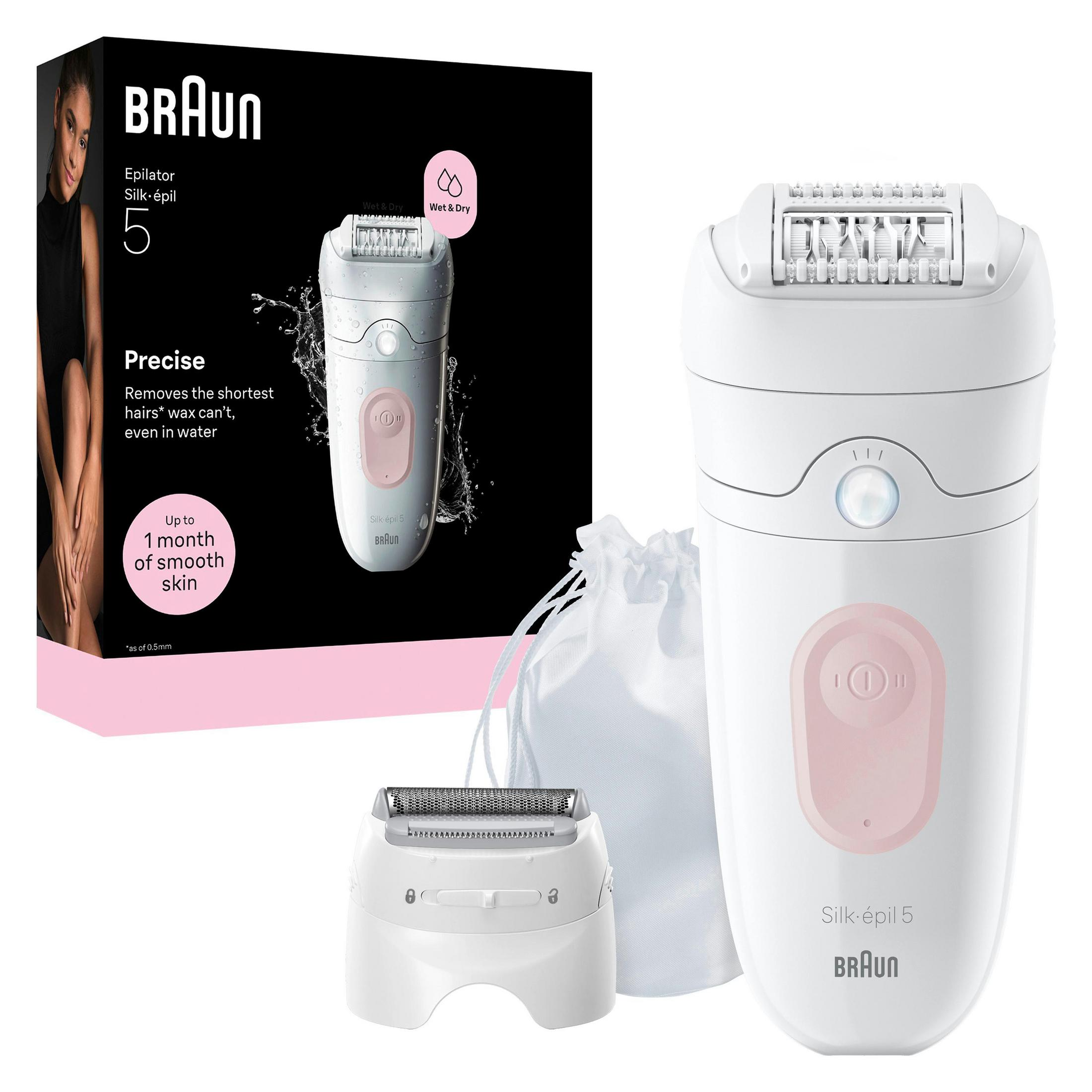 Un epilatore Braun Silk-épil 5 bianco con accessori e confezione.